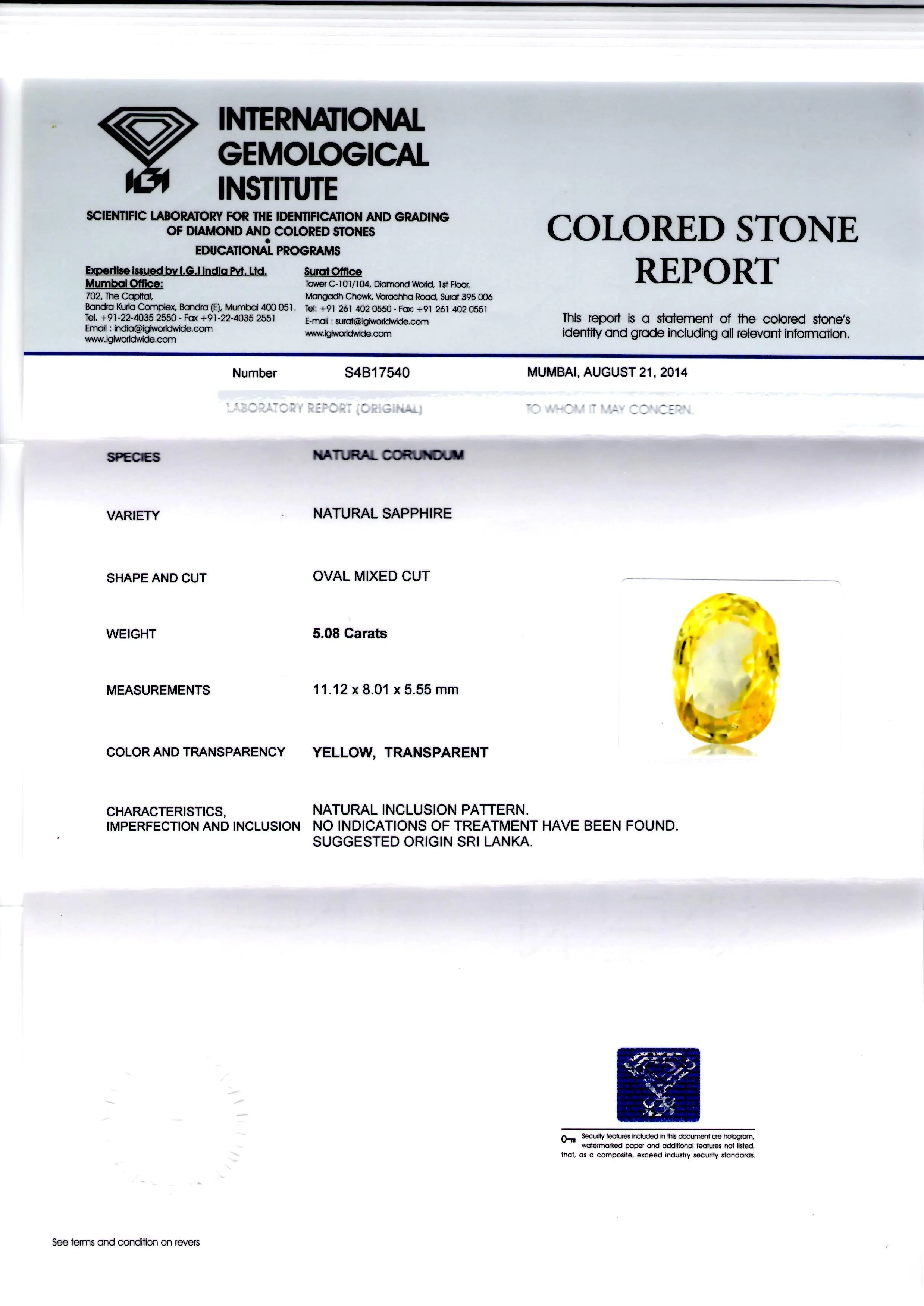 5.08 Ct Unheated Untreated Natural Ceylon Yellow Sapphire/Pukhraj AA
