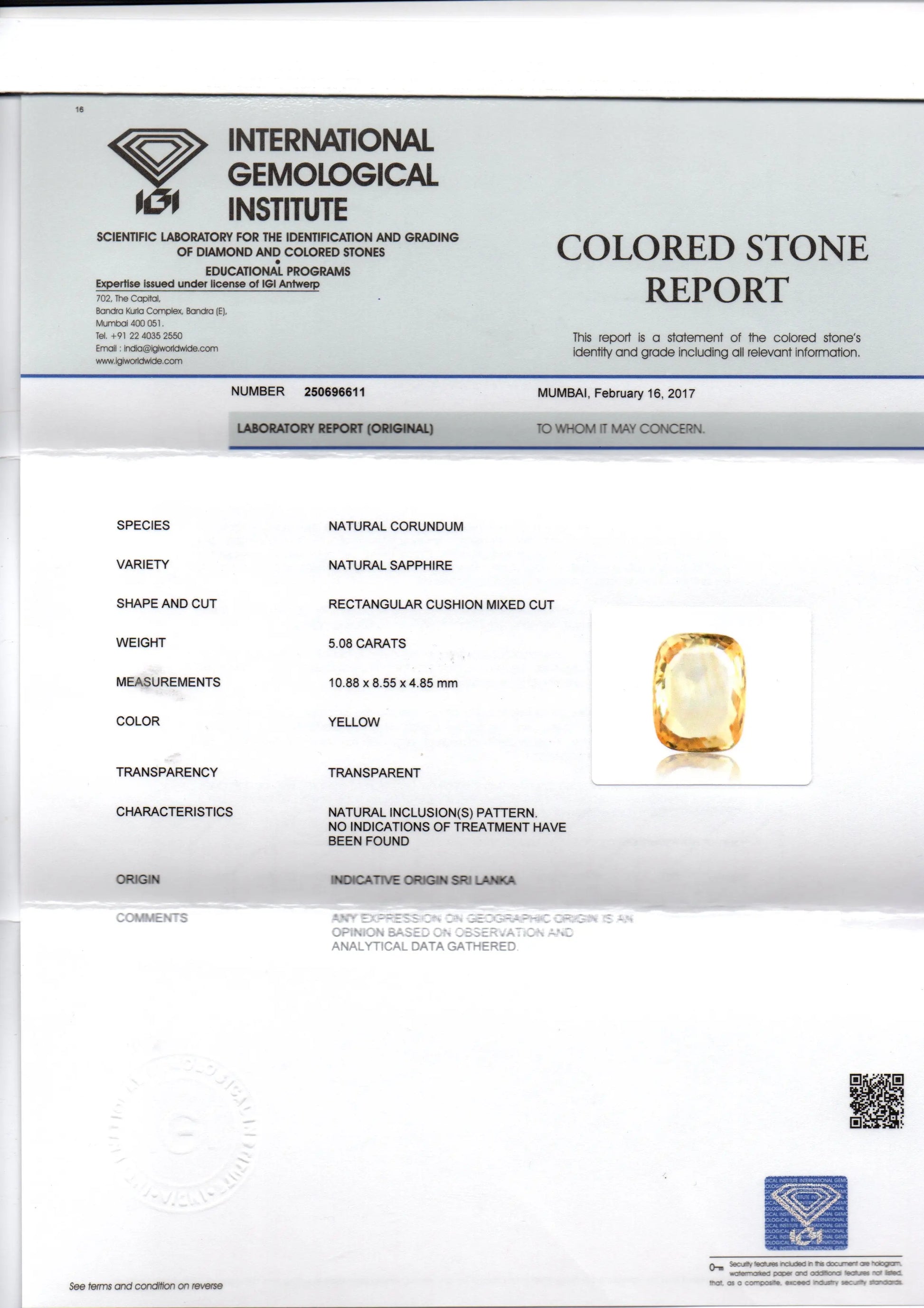 5.08 Ct Unheated Untreated Natural Ceylon Yellow Sapphire Gemstone