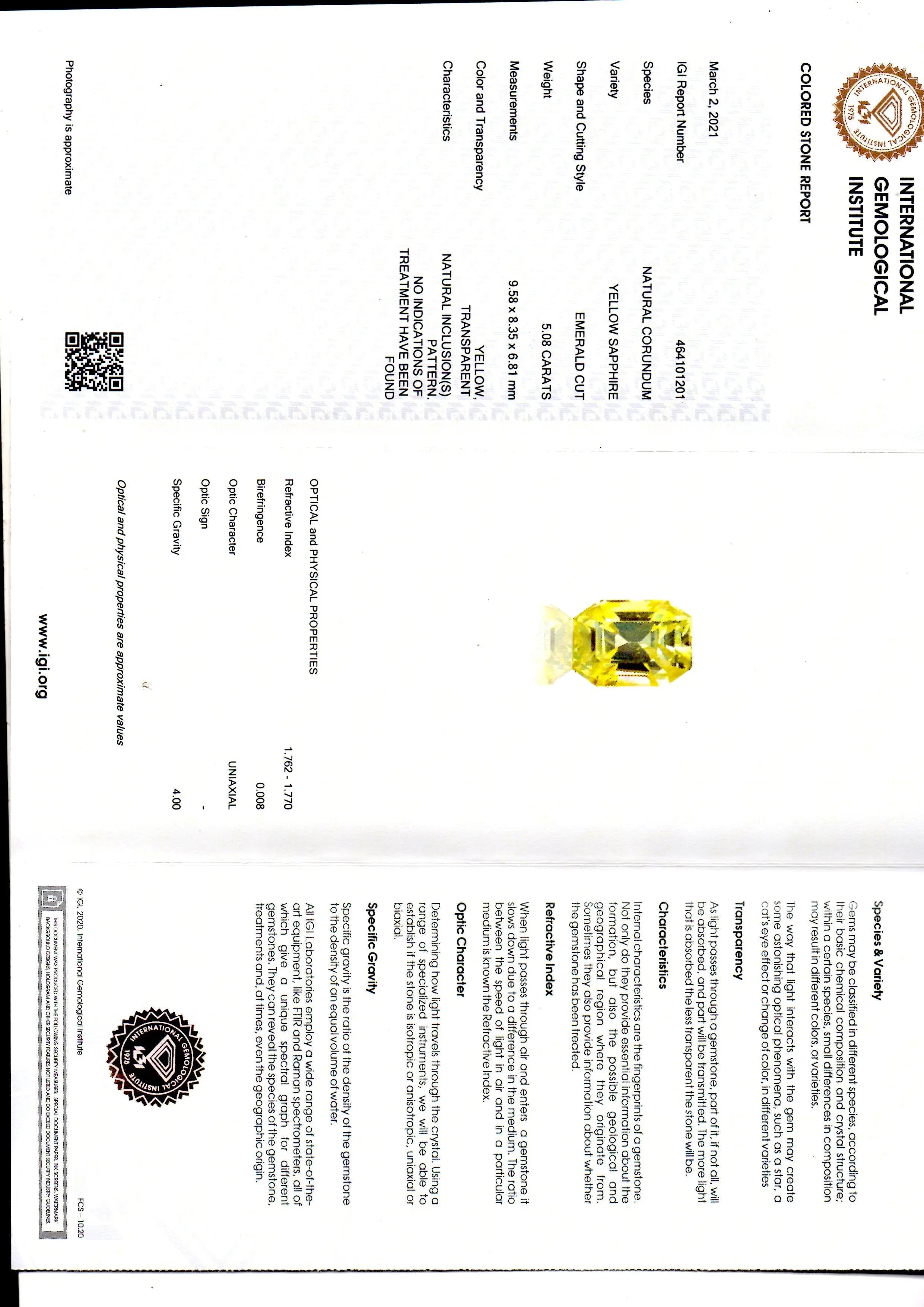 5.08 Ct IGI Certified Unheated Untreated Natural Ceylon Yellow Sapphire AAA