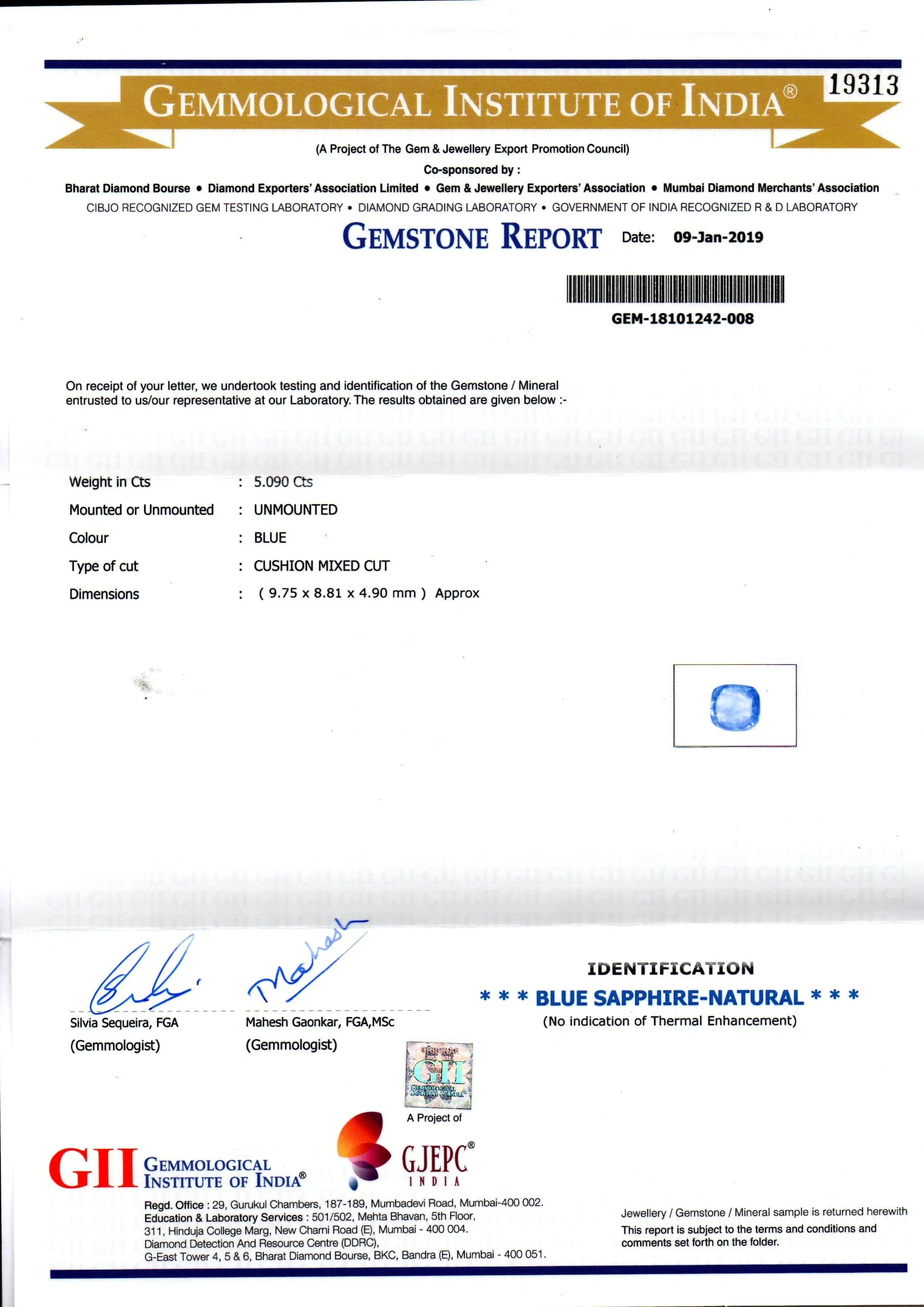 5.09 Ct GII Certified Unheated Untreated Natural Ceylon Blue Sapphire AA