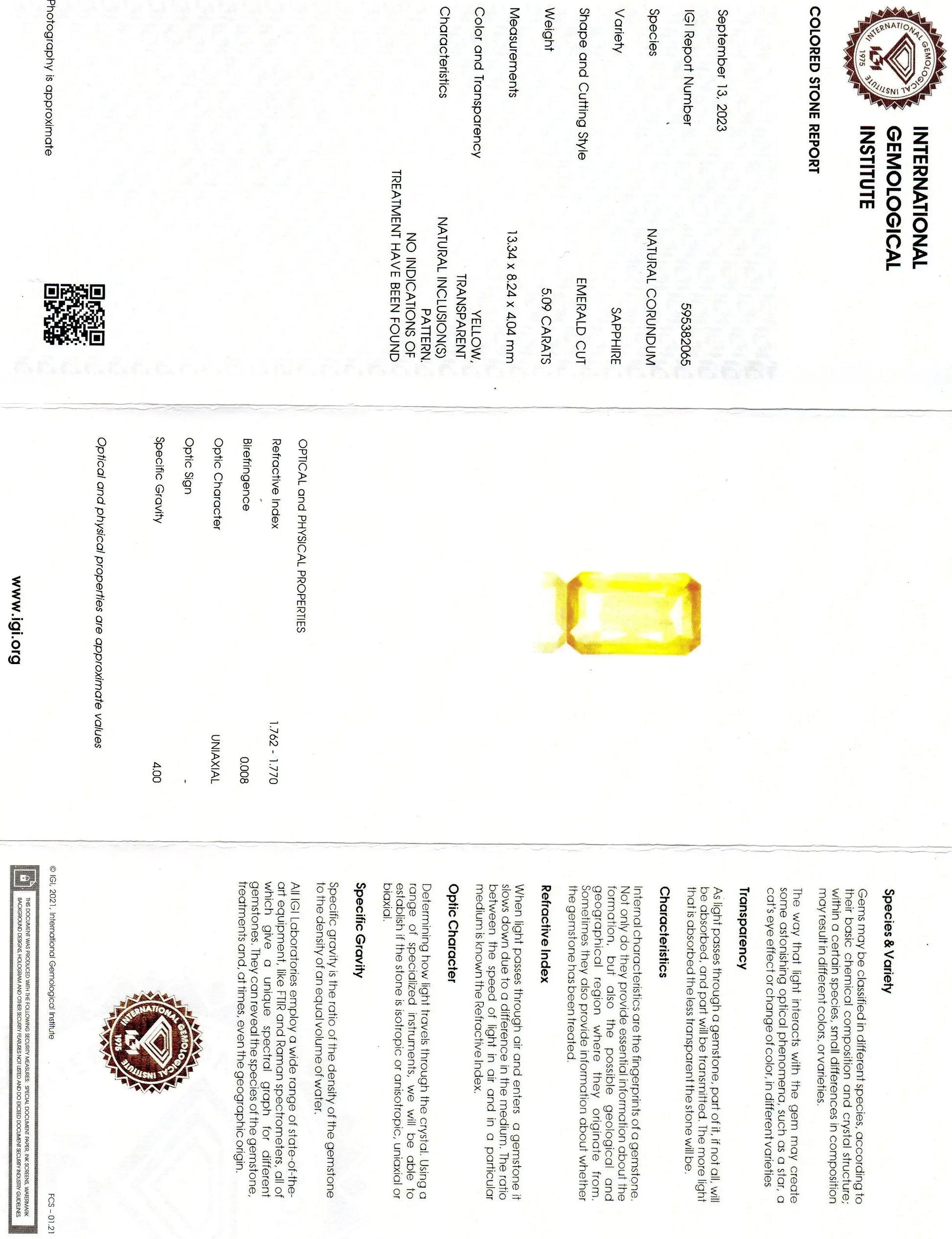 5.09 Ct IGI Certified Unheated Untreated Natural Ceylon Yellow Sapphire - Venus Gems