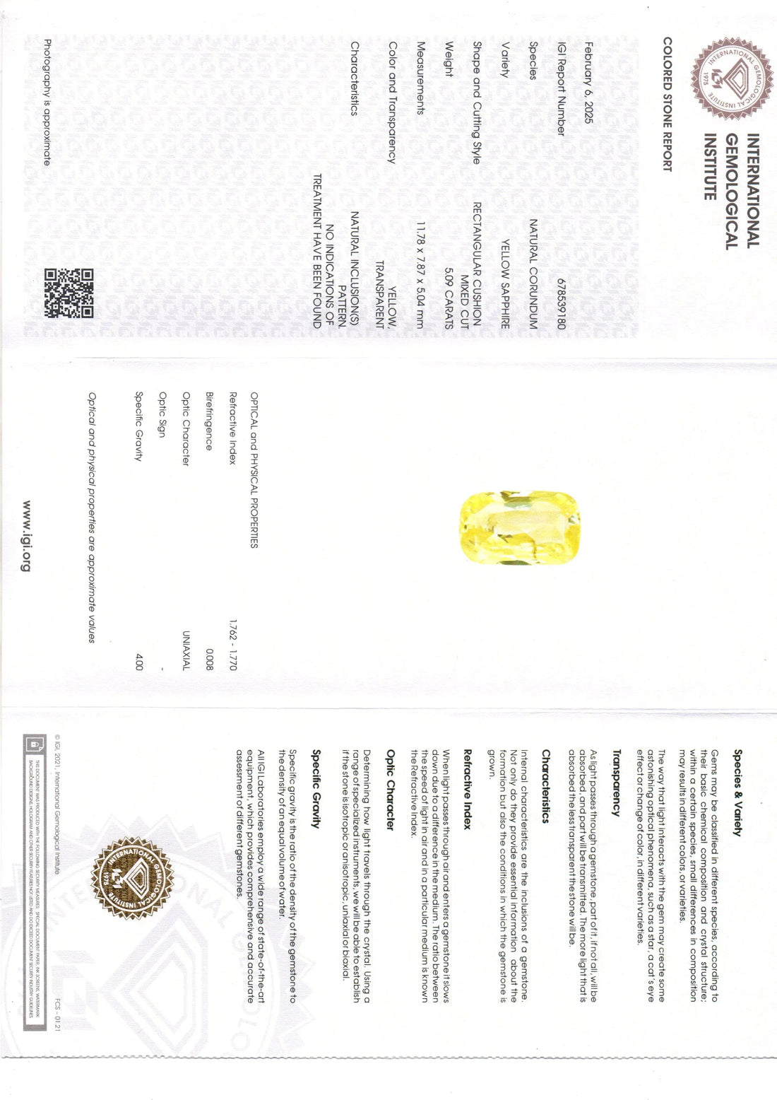 5.09 Ct IGI Certified Unheated Untreated Natural Ceylon Yellow Sapphire - Venus Gems
