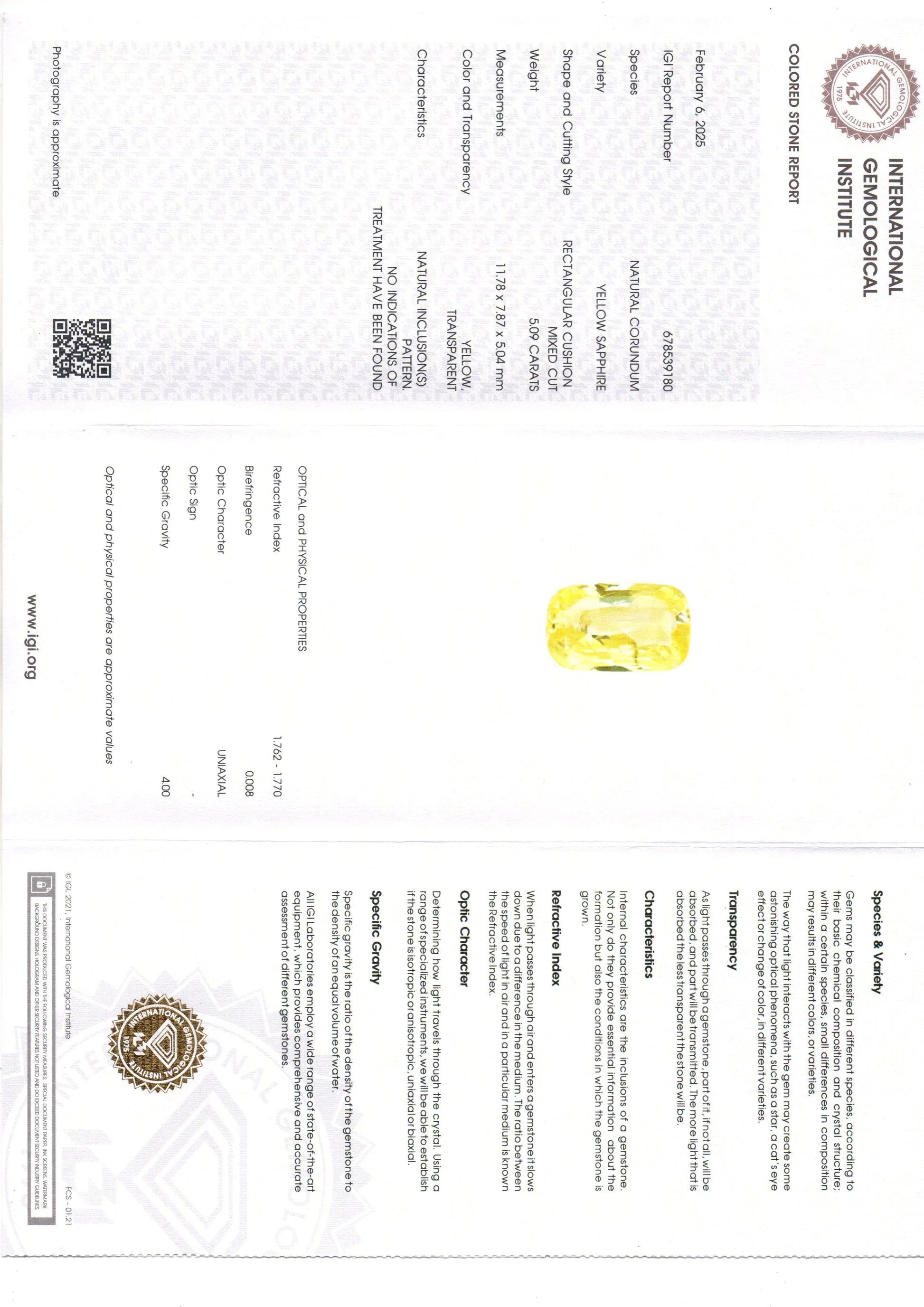 5.09 Ct IGI Certified Unheated Untreated Natural Ceylon Yellow Sapphire - Venus Gems