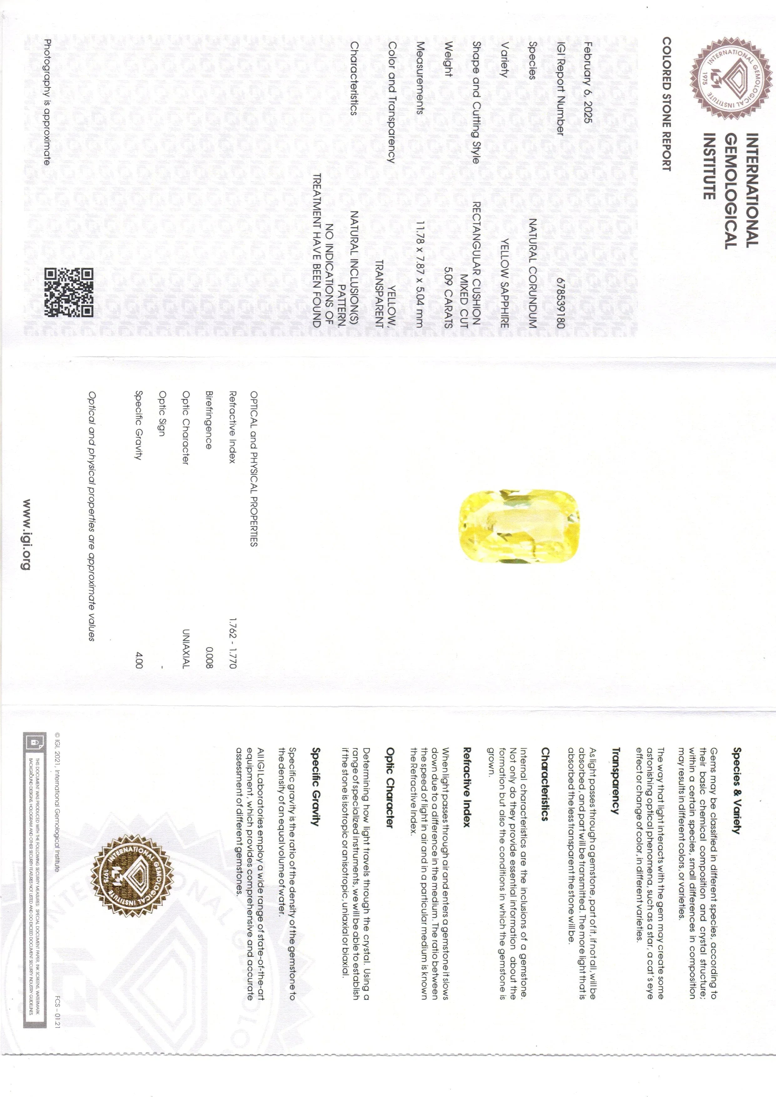 5.09 Ct IGI Certified Unheated Untreated Natural Ceylon Yellow Sapphire - Venus Gems
