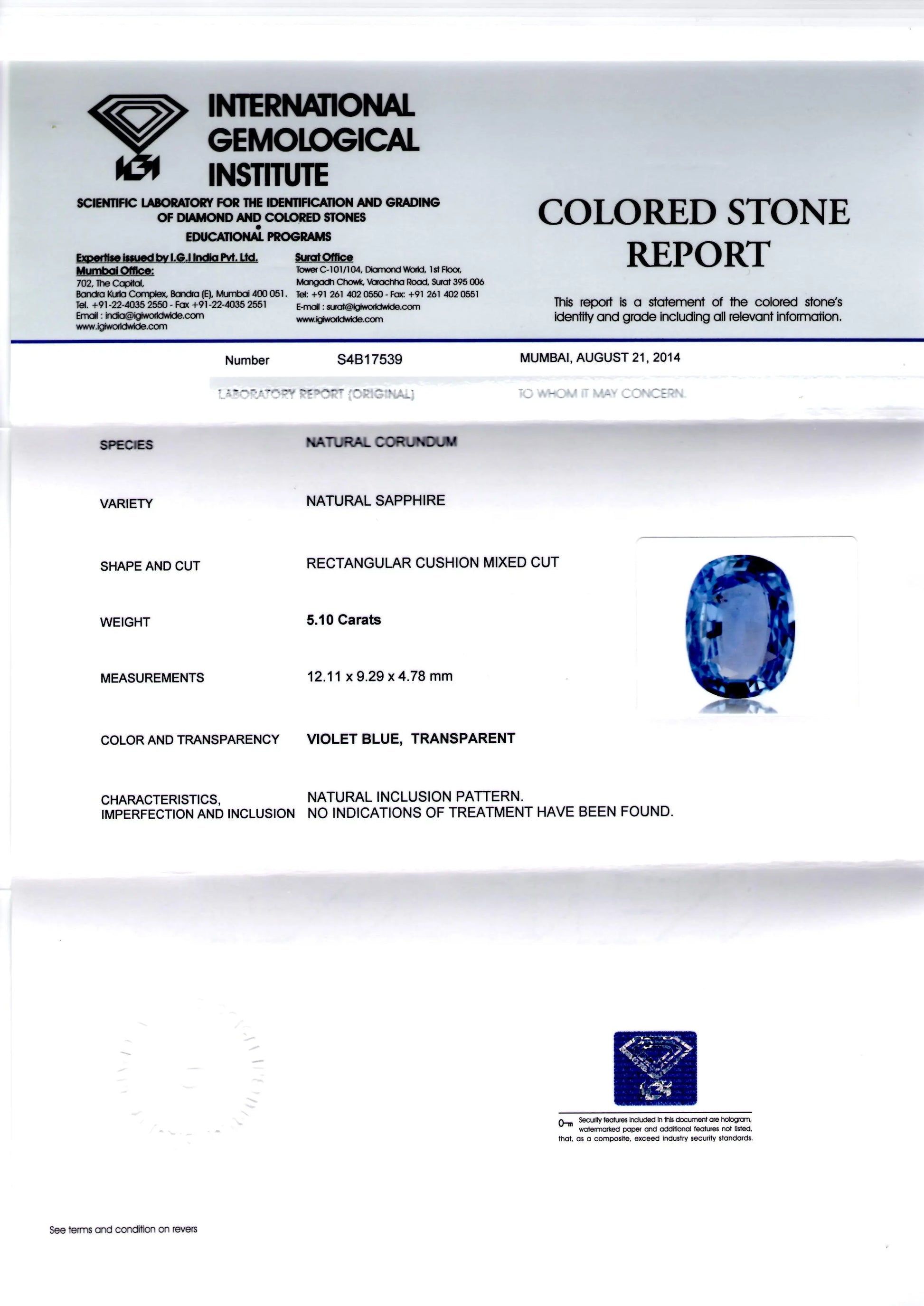 5.10 Ct IGI Certified Unheated Untreated Natural Ceylon Blue Sapphire