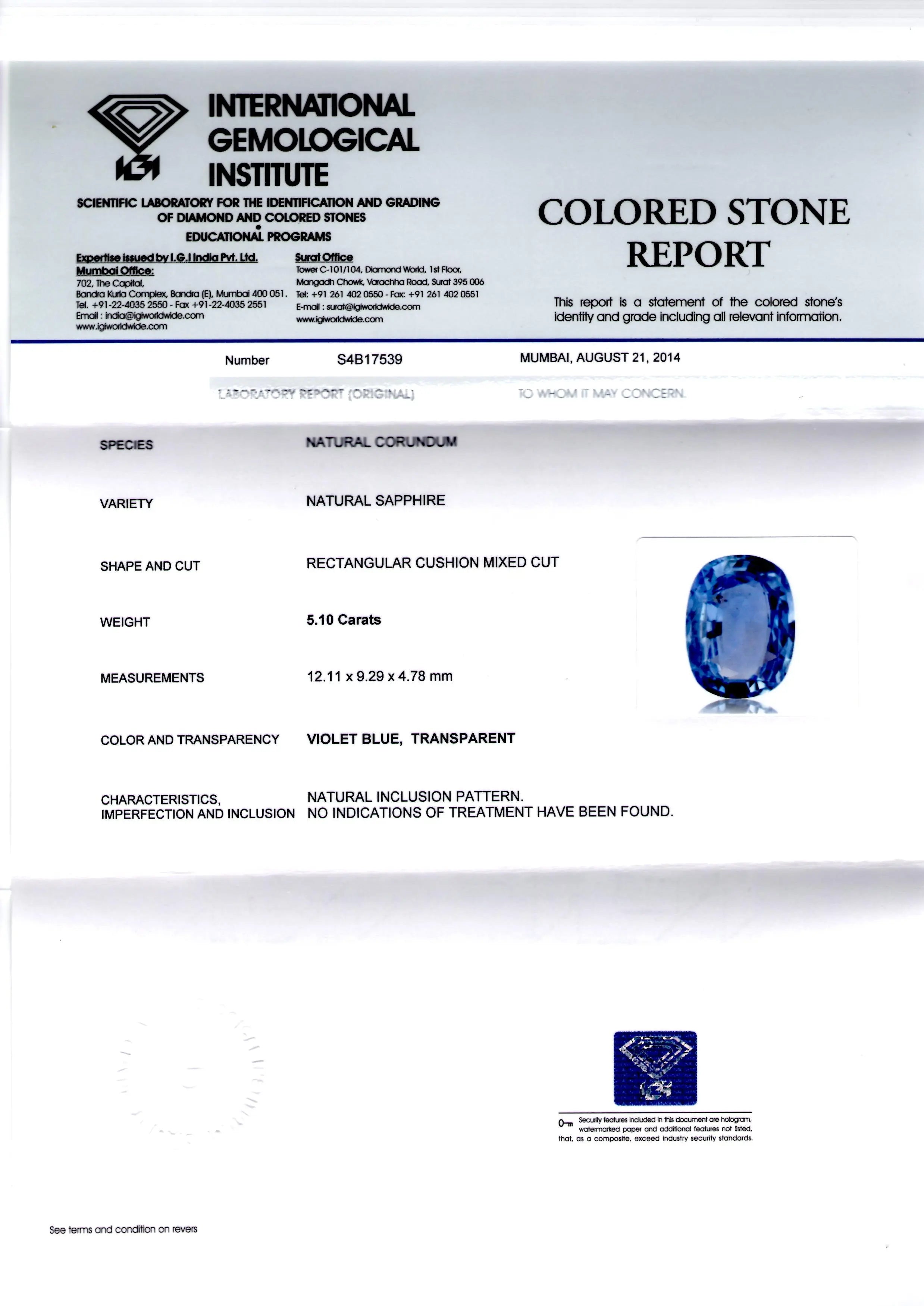 5.10 Ct IGI Certified Unheated Untreated Natural Ceylon Blue Sapphire