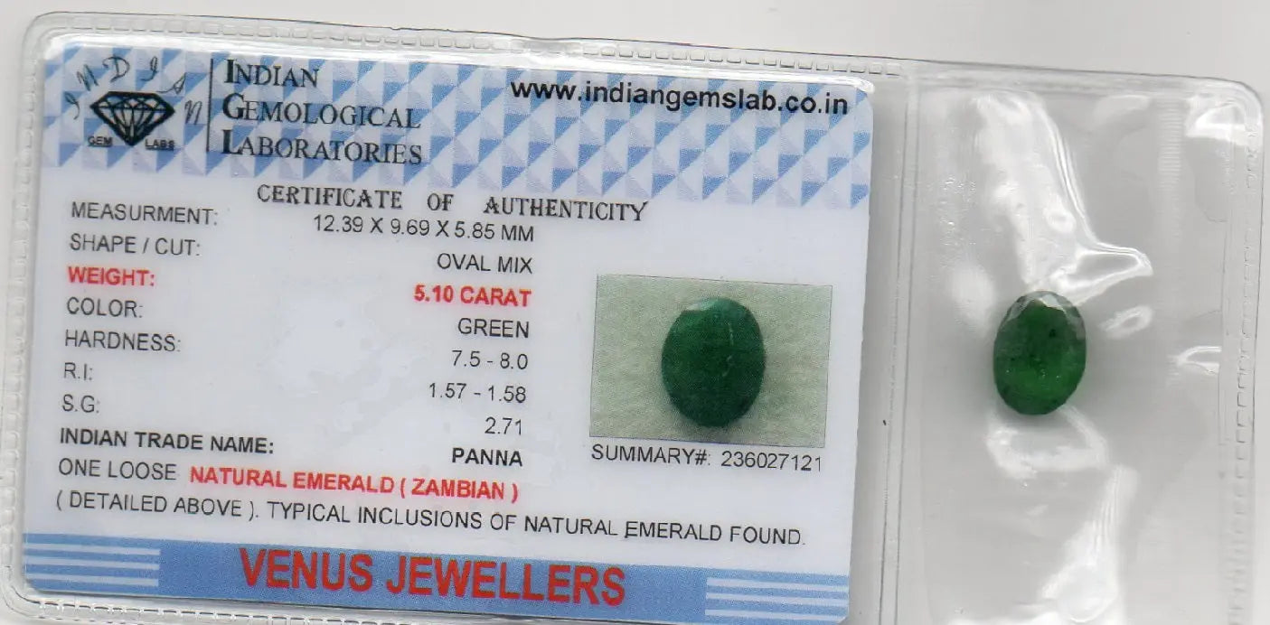 5.10 Ct Certified Untreated Natural Zambian Emerald Panna Gemstone