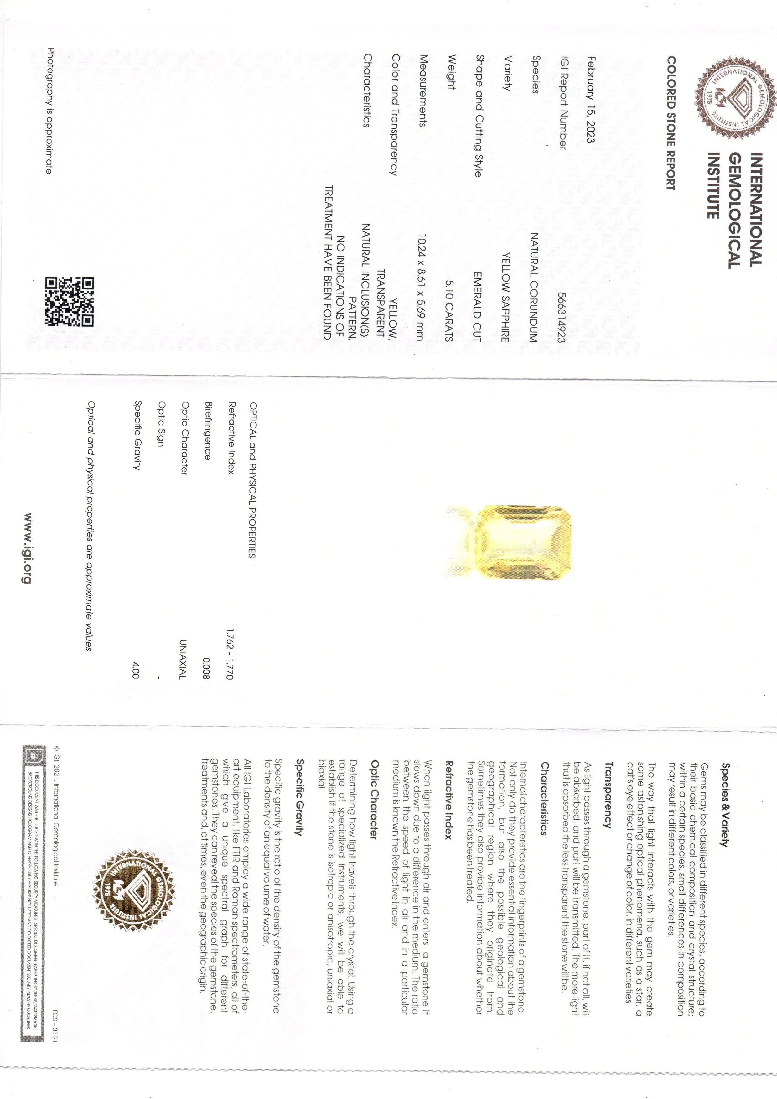 5.10 Ct IGI Certified Unheated Untreated Natural Ceylon Yellow Sapphire AA