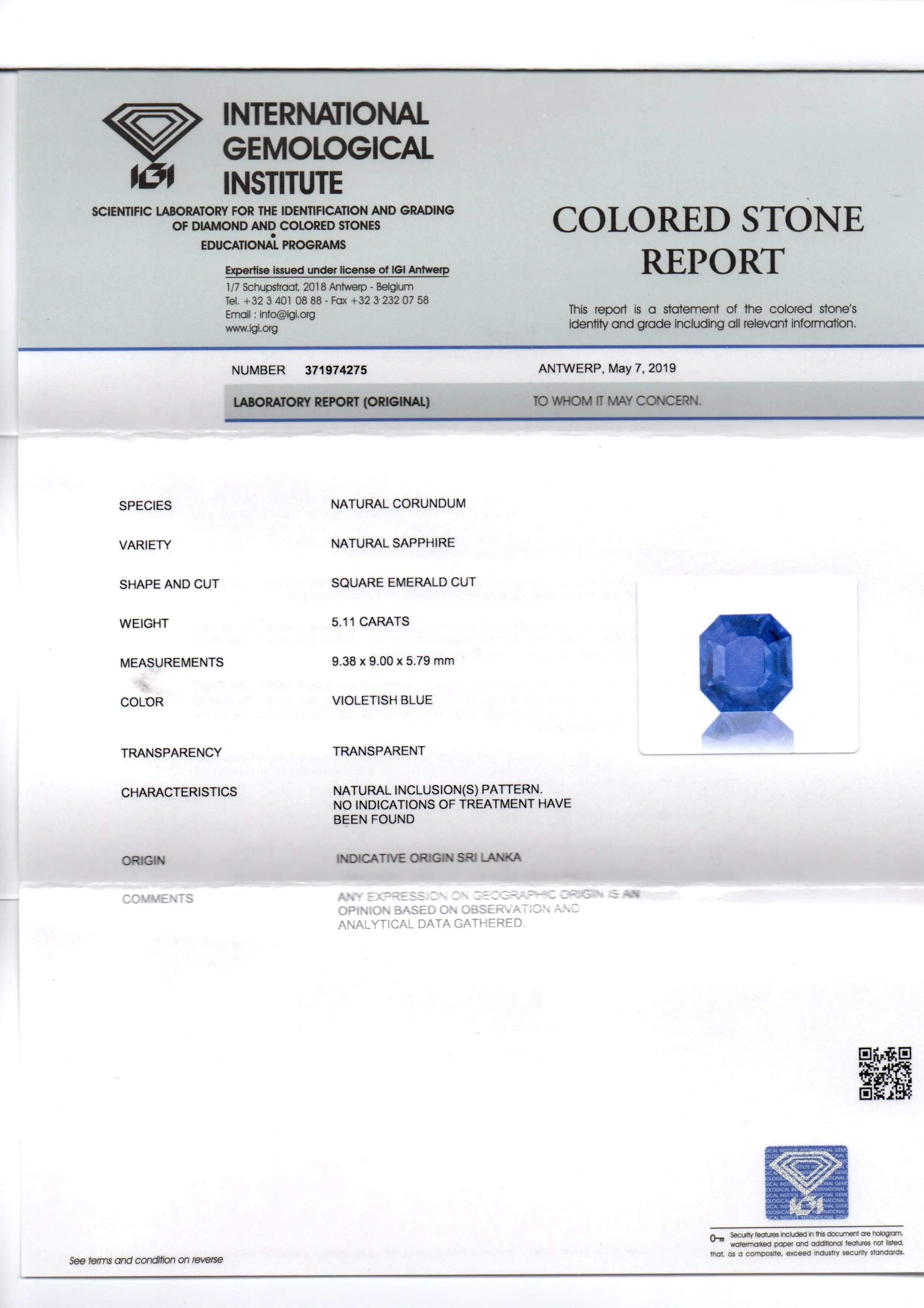 5.11 Ct IGI Certified Unheated Untreated Natural Ceylon Blue Sapphire - Venus Gems