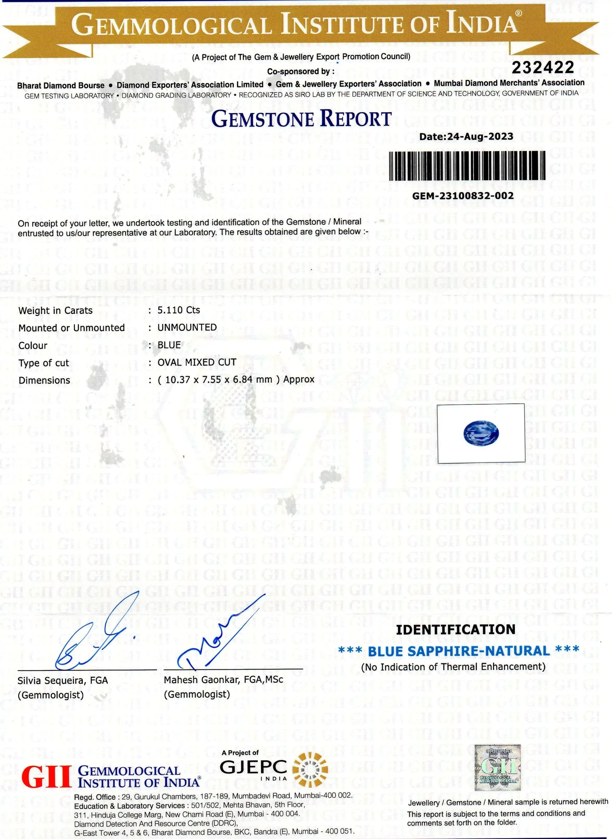 5.11 Ct GII Certified Unheated Untreated Natural Ceylon Blue Sapphire - Venus Gems