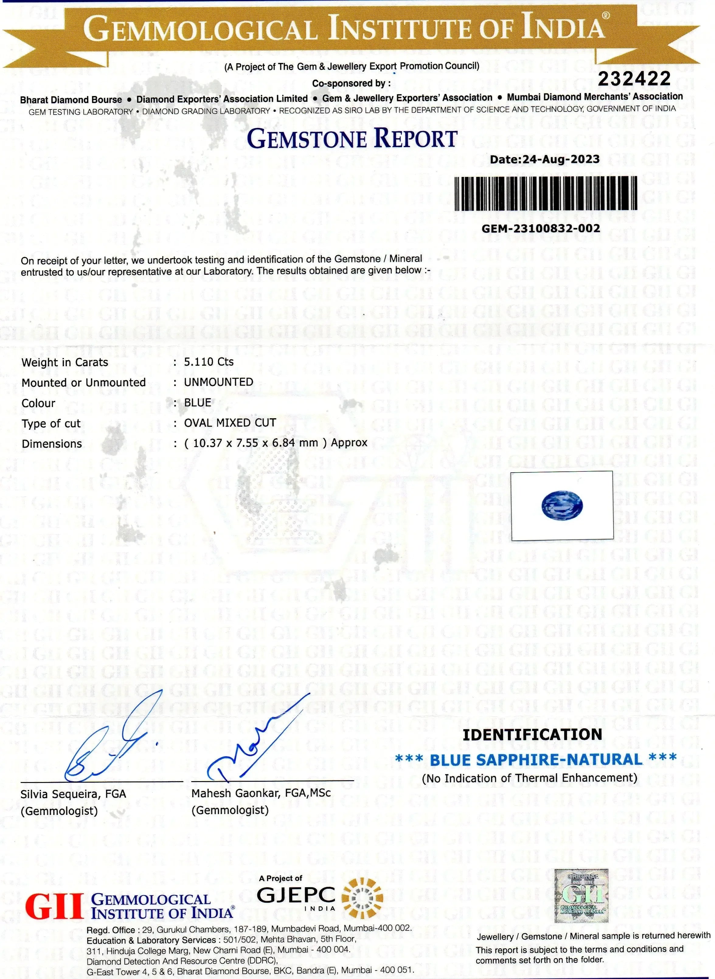 5.11 Ct GII Certified Unheated Untreated Natural Ceylon Blue Sapphire - Venus Gems