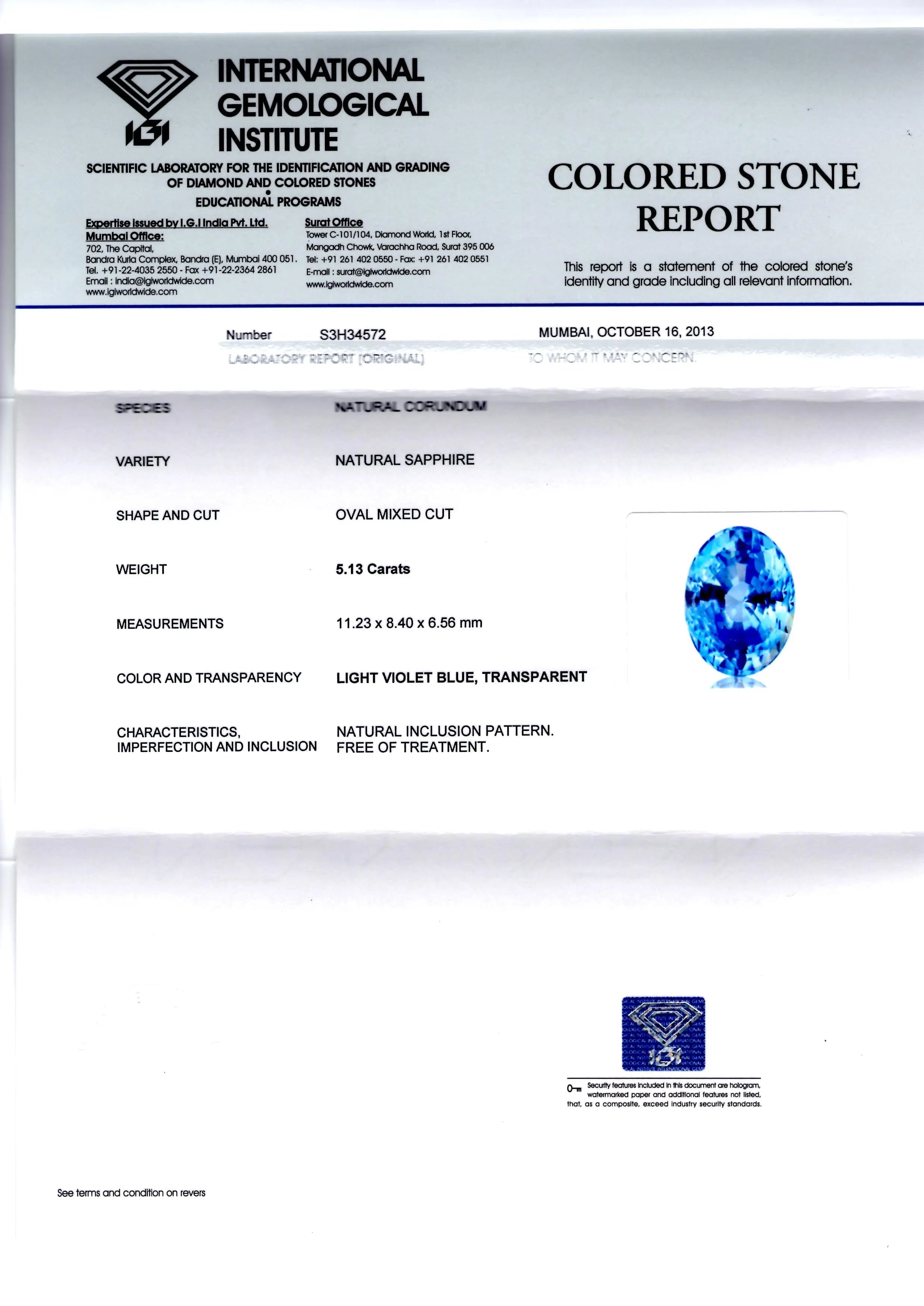 5.13 Ct Certified Unheated Untreated Natural Ceylon Blue Sapphire AA