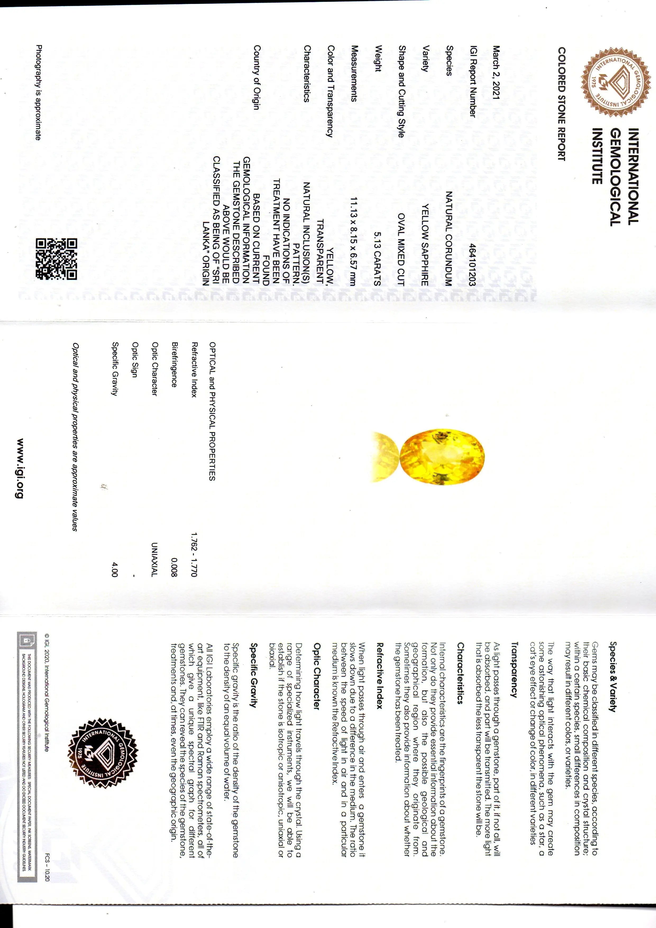5.13 Ct IGI Certified Unheated Untreated Natural Ceylon Yellow Sapphire
