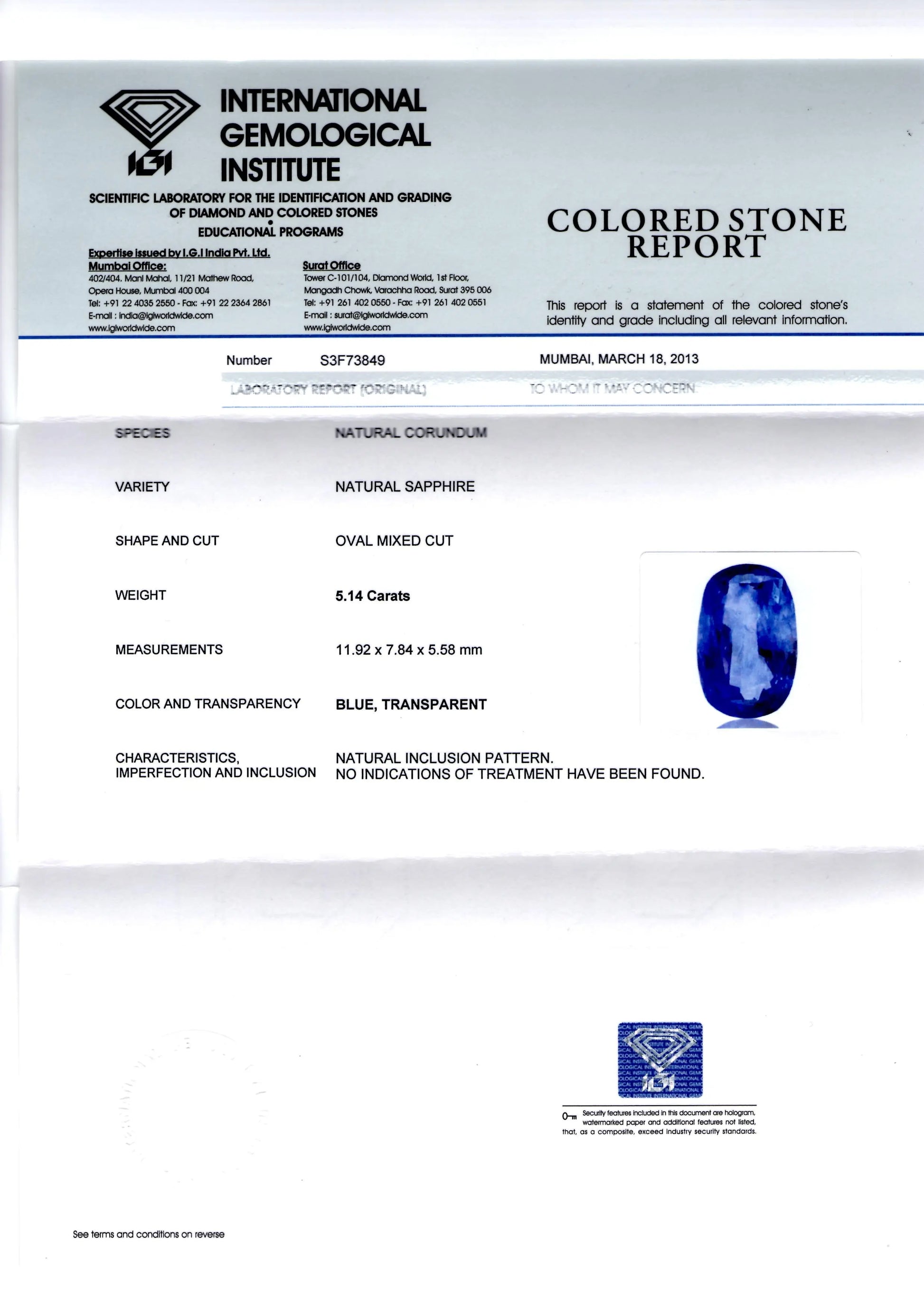 5.14 Ct IGI Certified Unheated Untreated Natural Ceylon Blue Sapphire