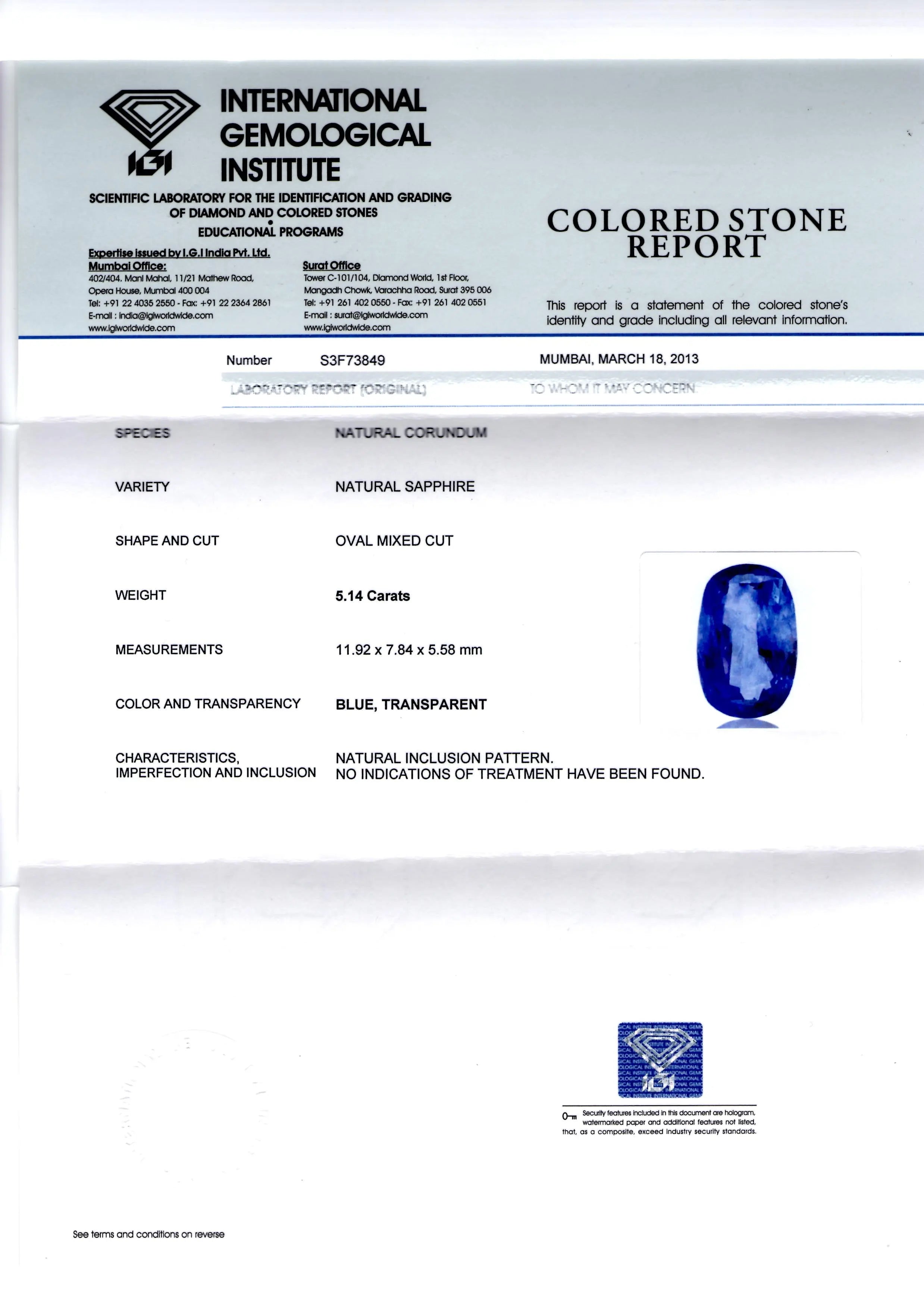 5.14 Ct IGI Certified Unheated Untreated Natural Ceylon Blue Sapphire
