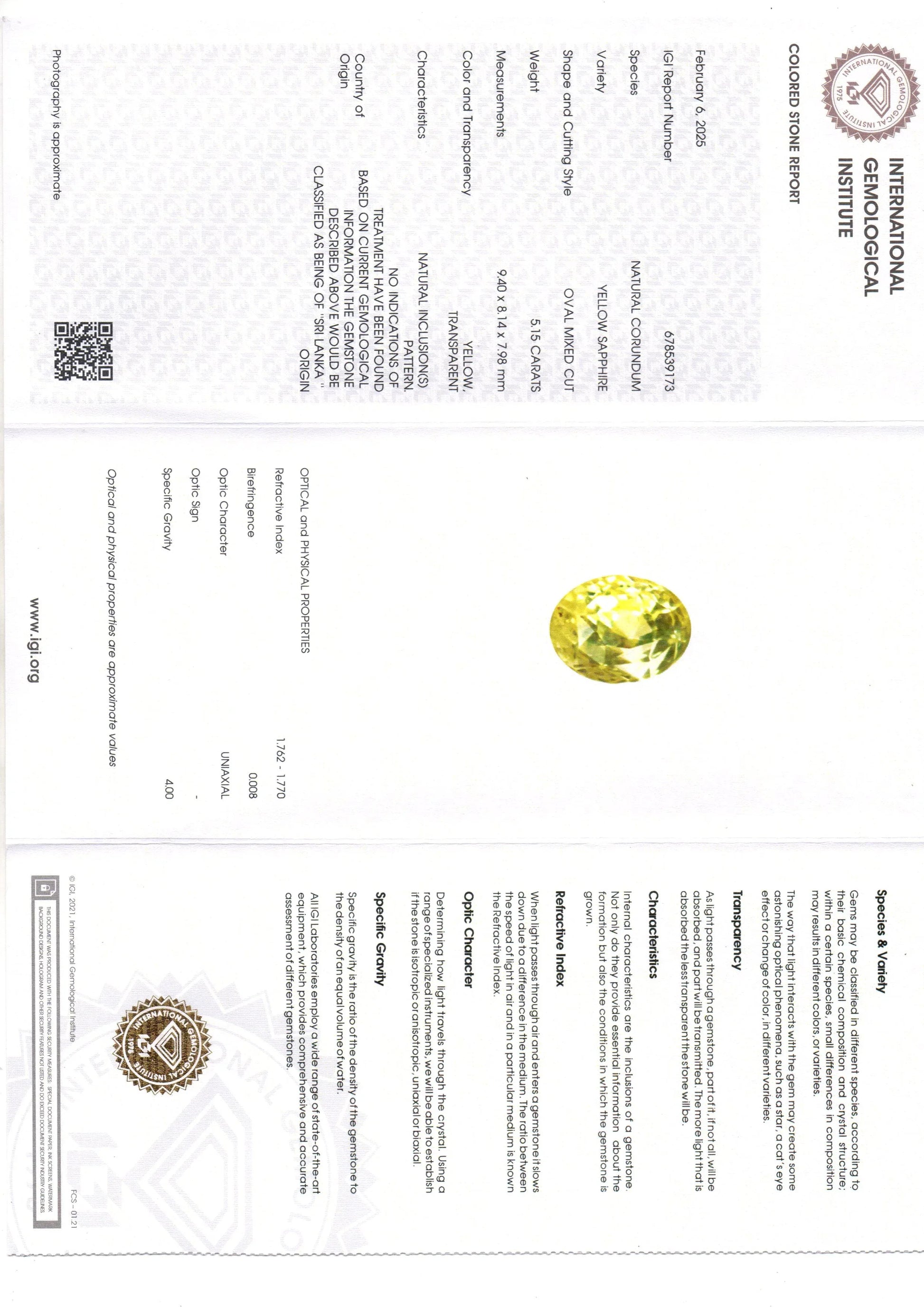 5.15 Ct IGI Certified Unheated Untreated Natural Ceylon Yellow Sapphire - Venus Gems