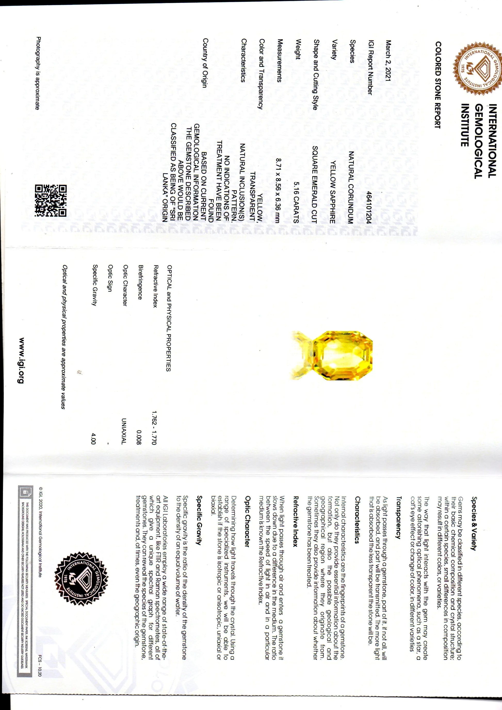 5.16 Ct IGI Certified Unheated Untreated Natural Ceylon Yellow Sapphire AAA