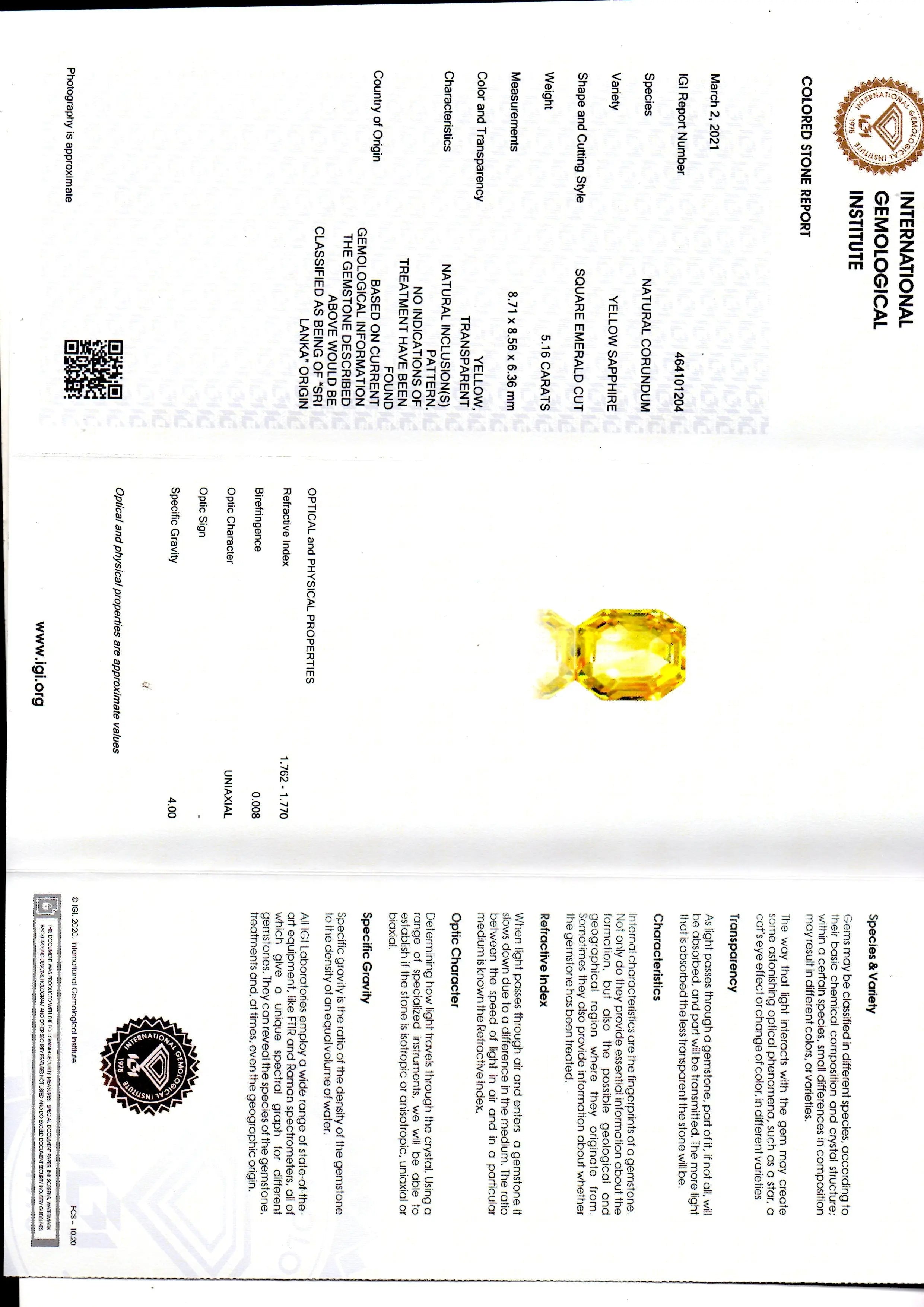 5.16 Ct IGI Certified Unheated Untreated Natural Ceylon Yellow Sapphire AAA