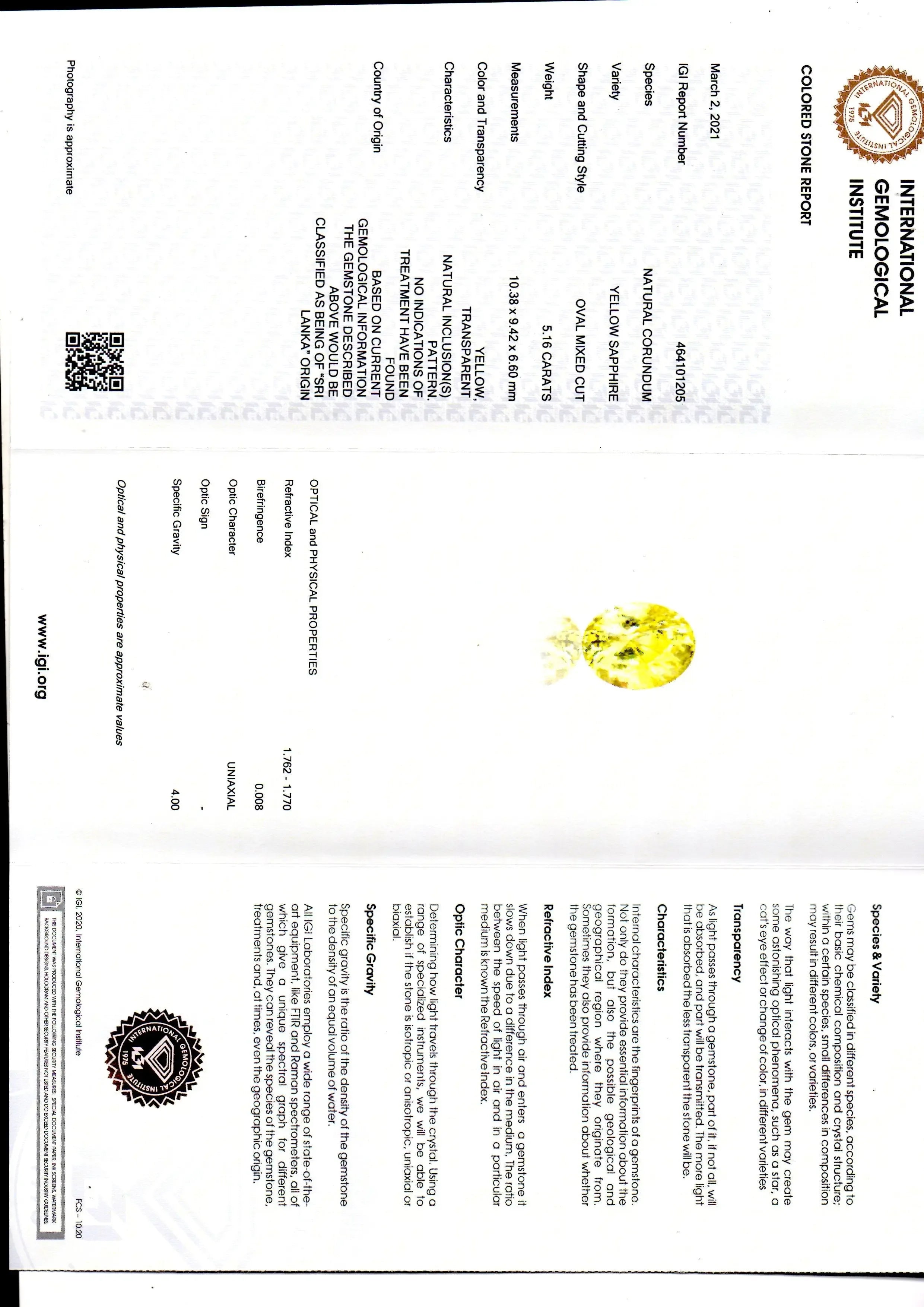 5.16 Ct IGI Certified Unheated Untreated Natural Ceylon Yellow Sapphire - Venus Gems