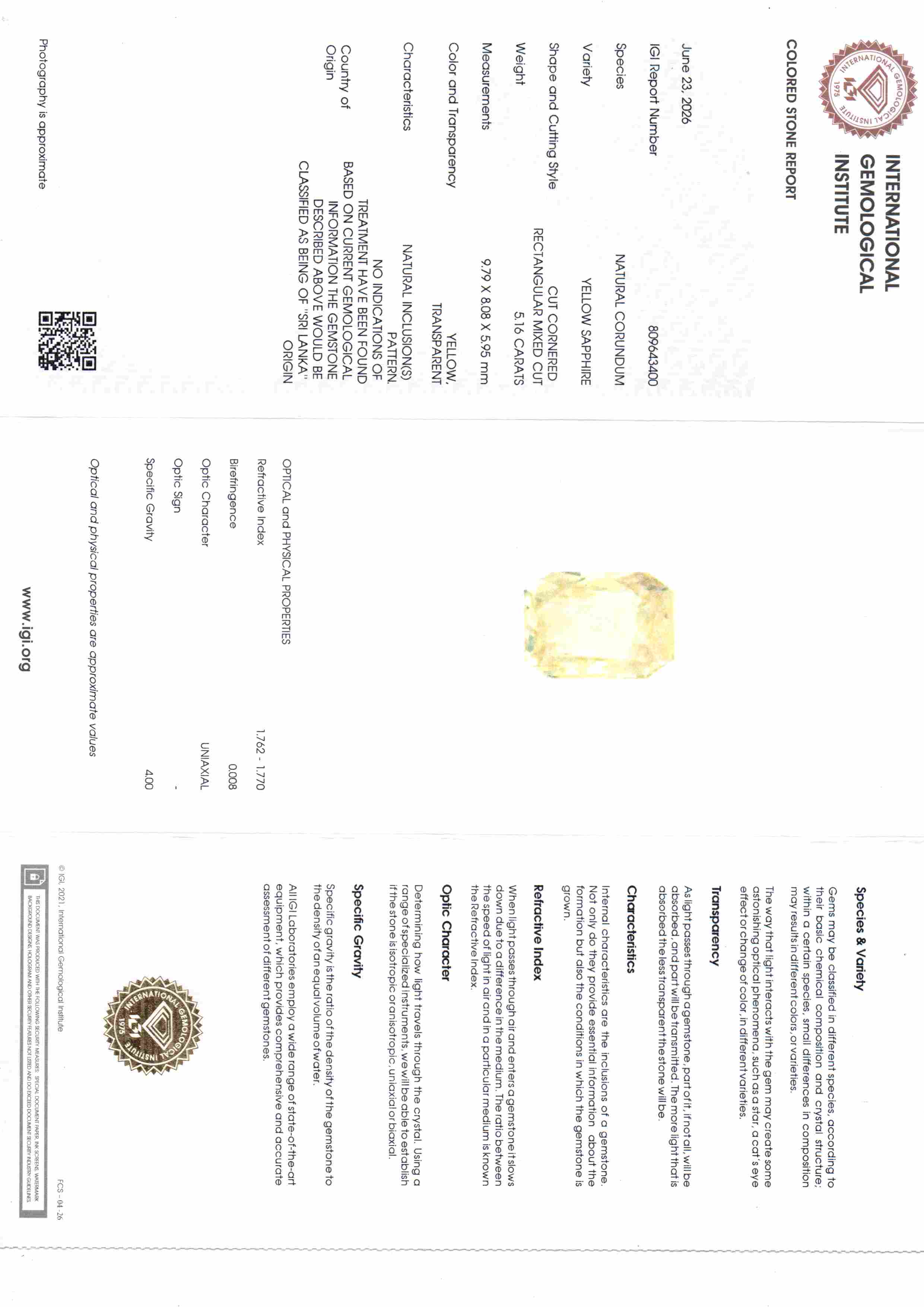 5.16 Ct IGI Certified Unheated Natural Ceylon Yellow Sapphire Pukhraj – 5.67 Ratti