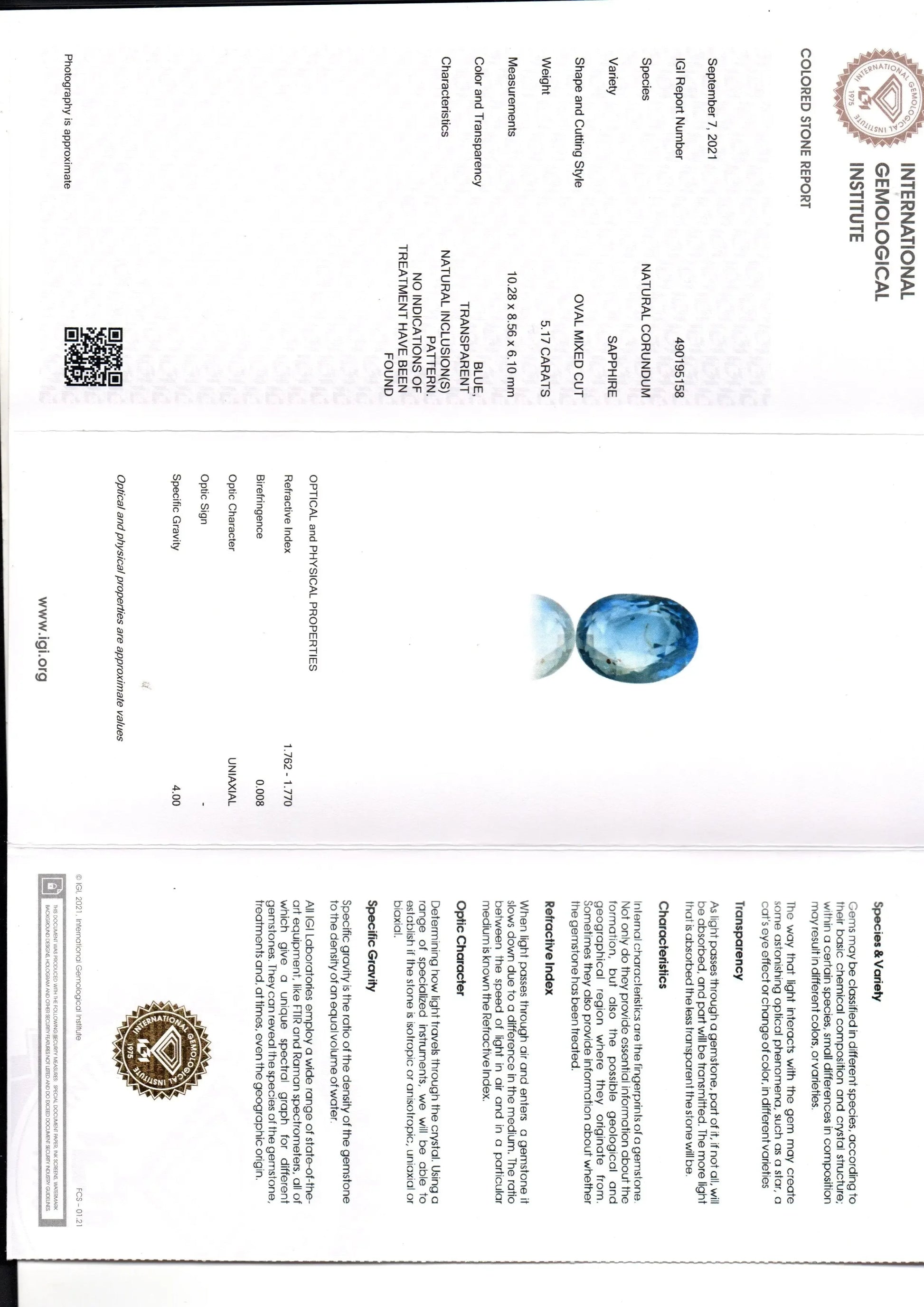 5.17 Ct IGI Certified Unheated Untreated Natural Ceylon Blue Sapphire - Venus Gems