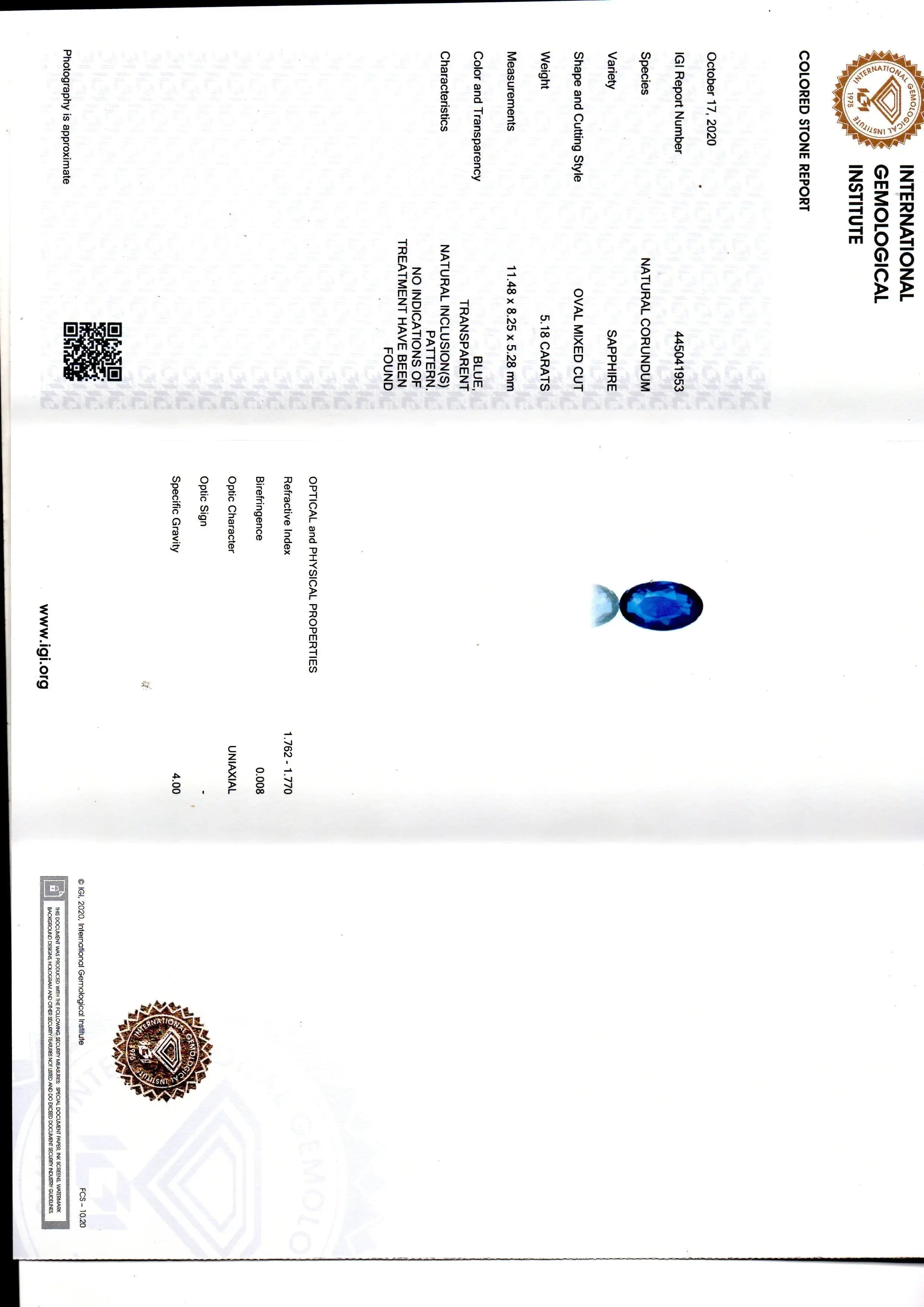 5.18 Ct IGI Certified Unheated Untreated Natural Ceylon Blue Sapphire - Venus Gems