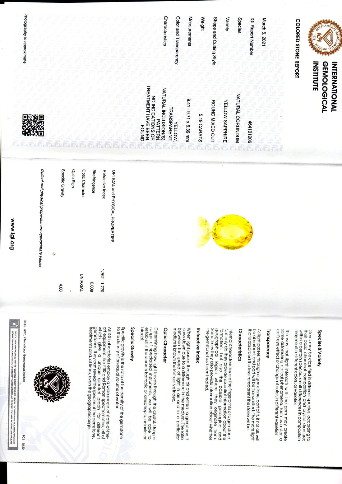 5.19 Ct IGI Certified Unheated Untreated Natural Ceylon Yellow Sapphire AA