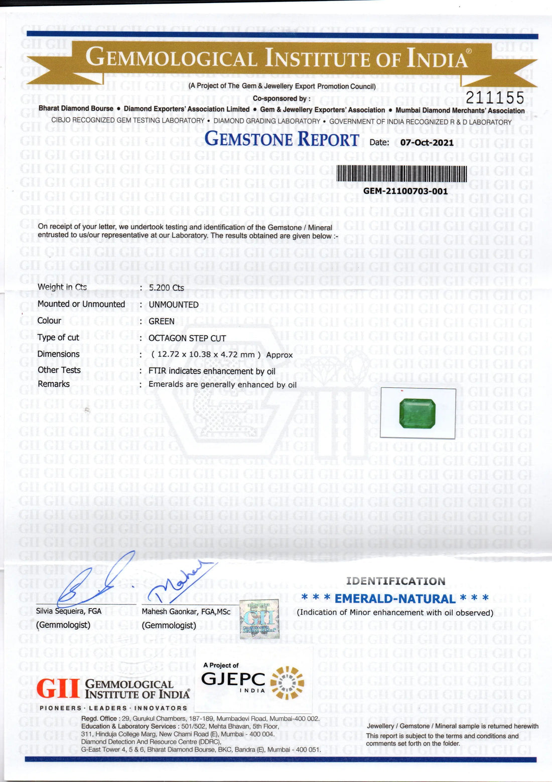 5.20 Ct GII Certified Untreated Natural Zambian Emerald Gemstones