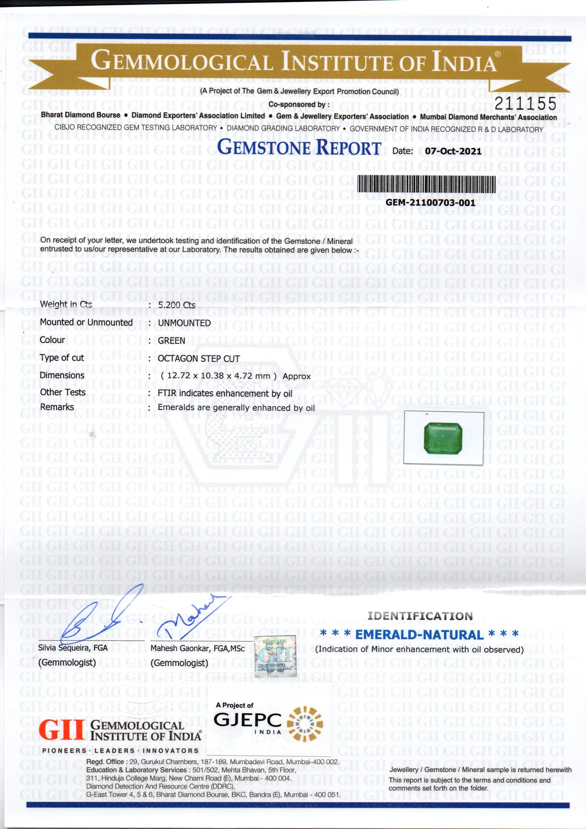 5.20 Ct GII Certified Untreated Natural Zambian Emerald Gemstones