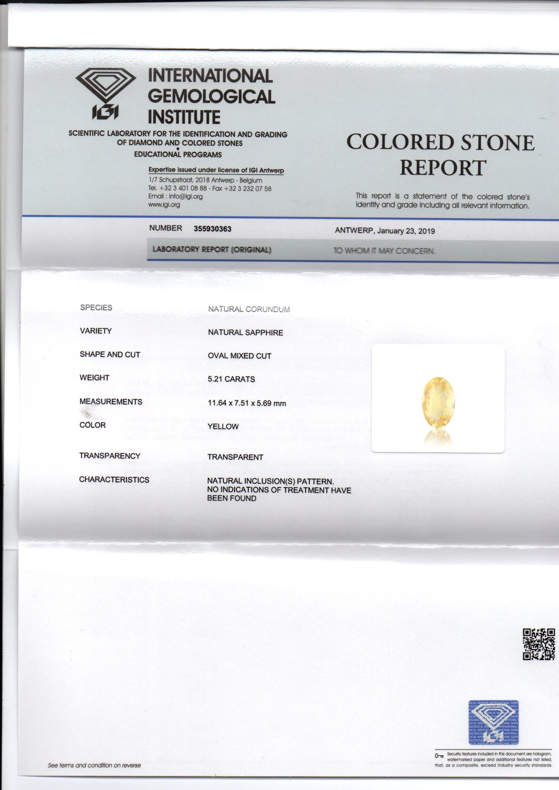 5.21 Ct IGI Certified Unheated Untreated Natural Ceylon Yellow Sapphire