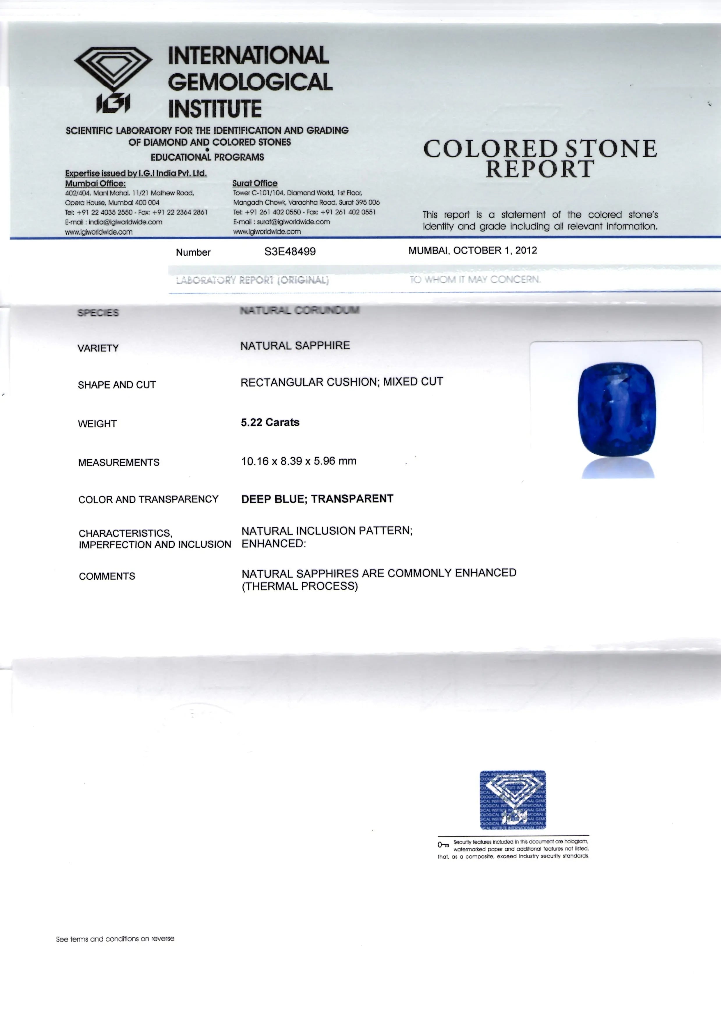 5.22 Ct Top Colour IGI Certified Natural Ceylon Blue Sapphire AA