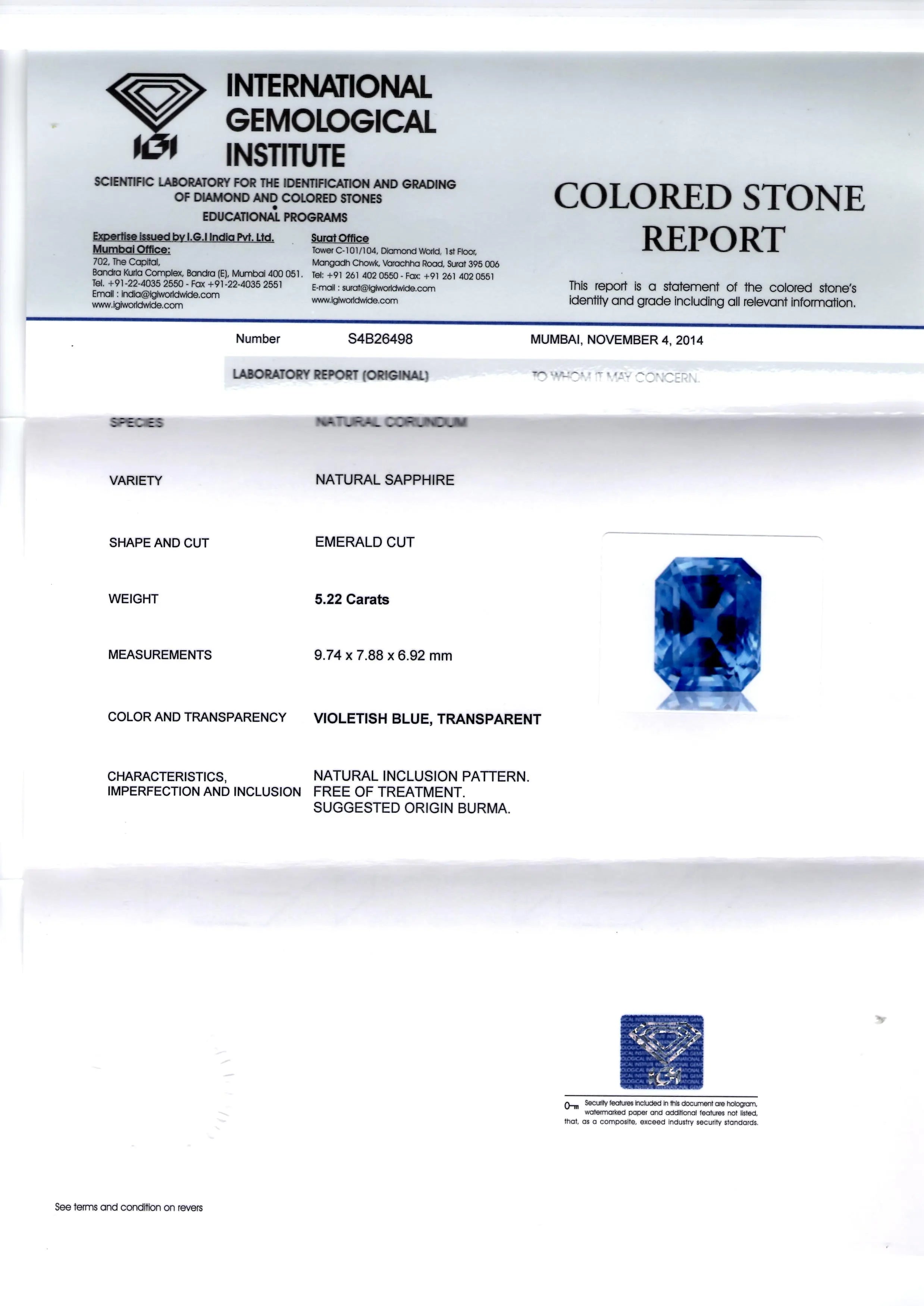 5.22 Ct Unheated Untreated Natural Burma Premium Blue Sapphire