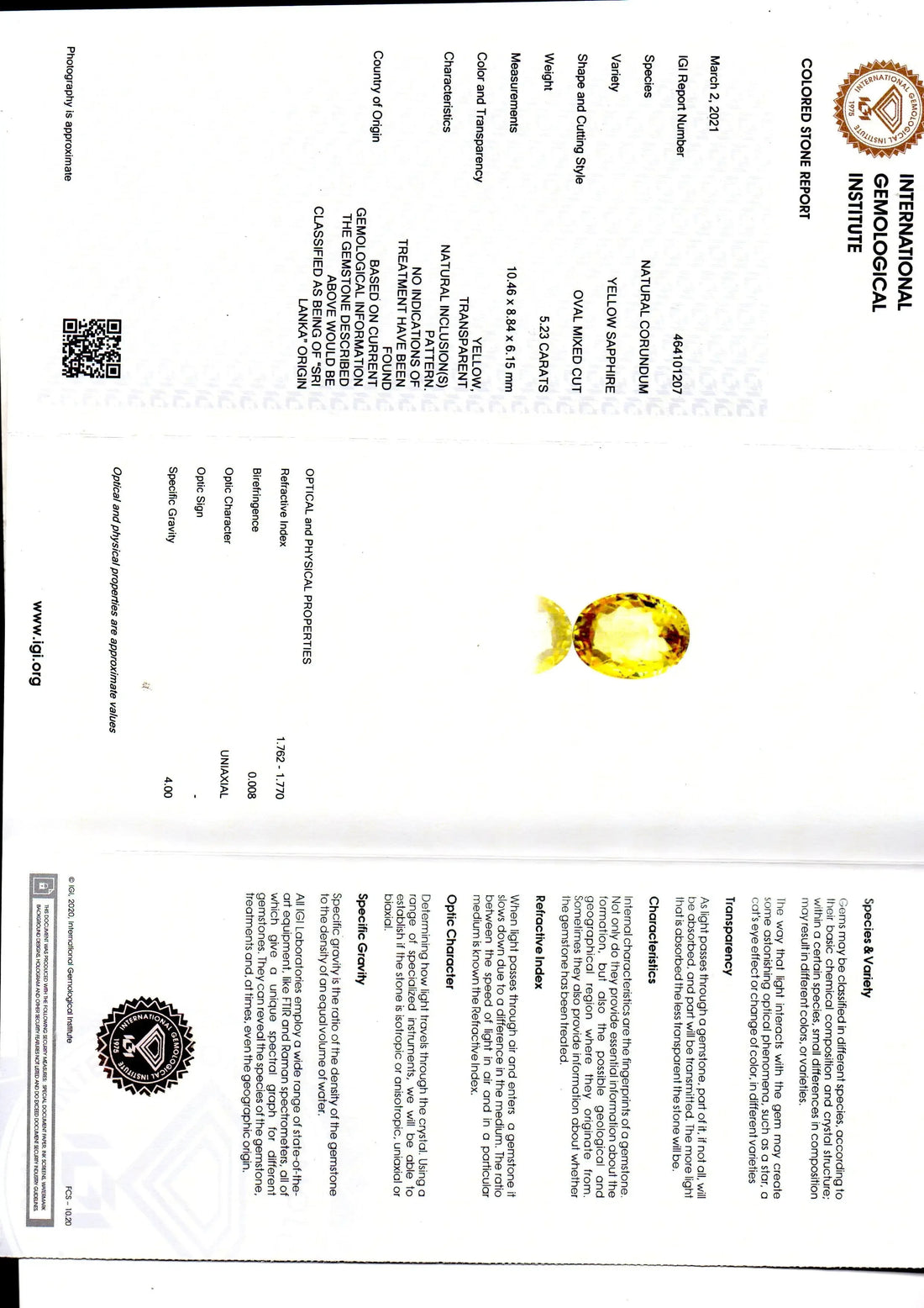 5.23 Ct IGI Certified Unheated Untreated Natural Ceylon Yellow Sapphire - Venus Gems