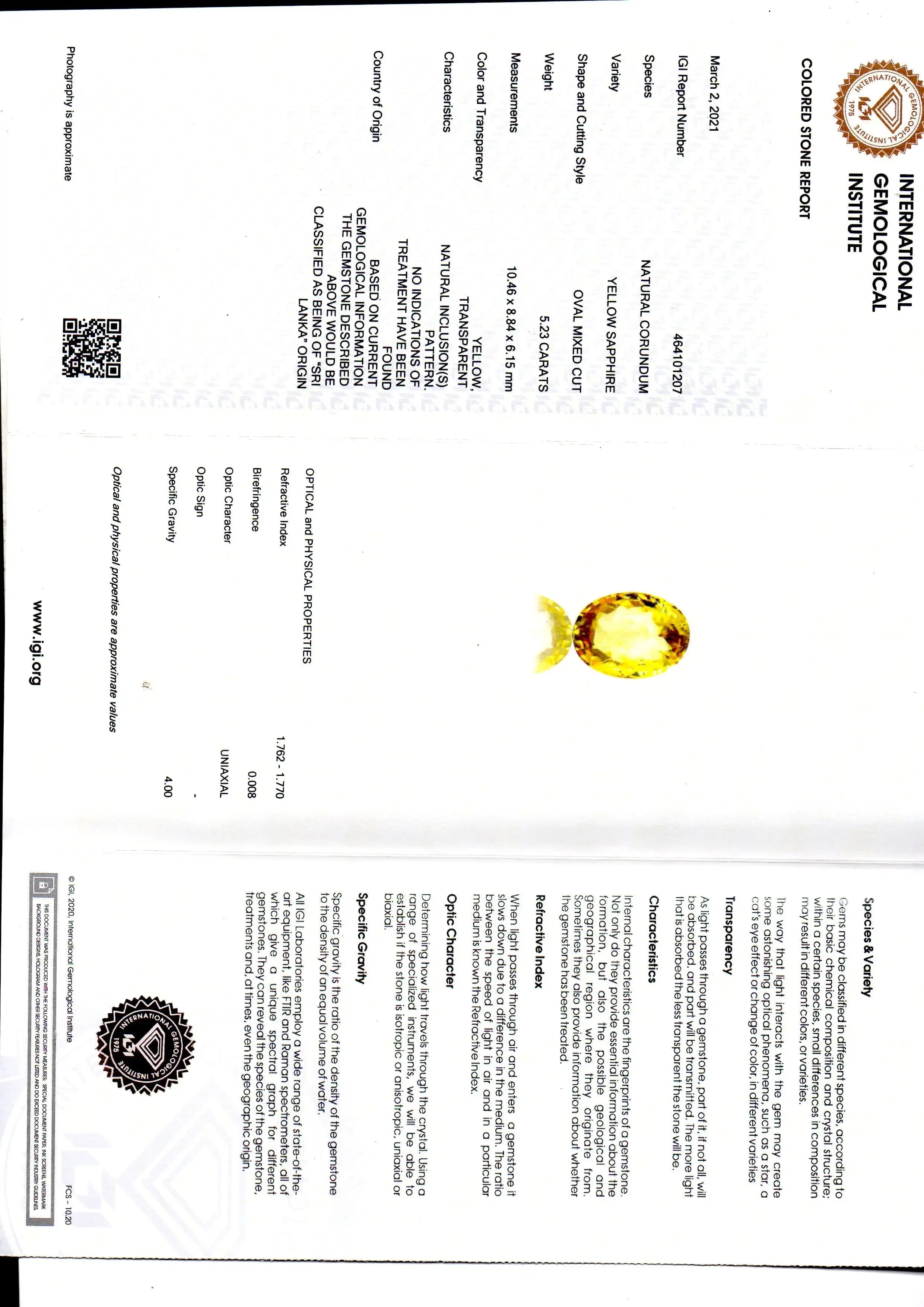 5.23 Ct IGI Certified Unheated Untreated Natural Ceylon Yellow Sapphire - Venus Gems