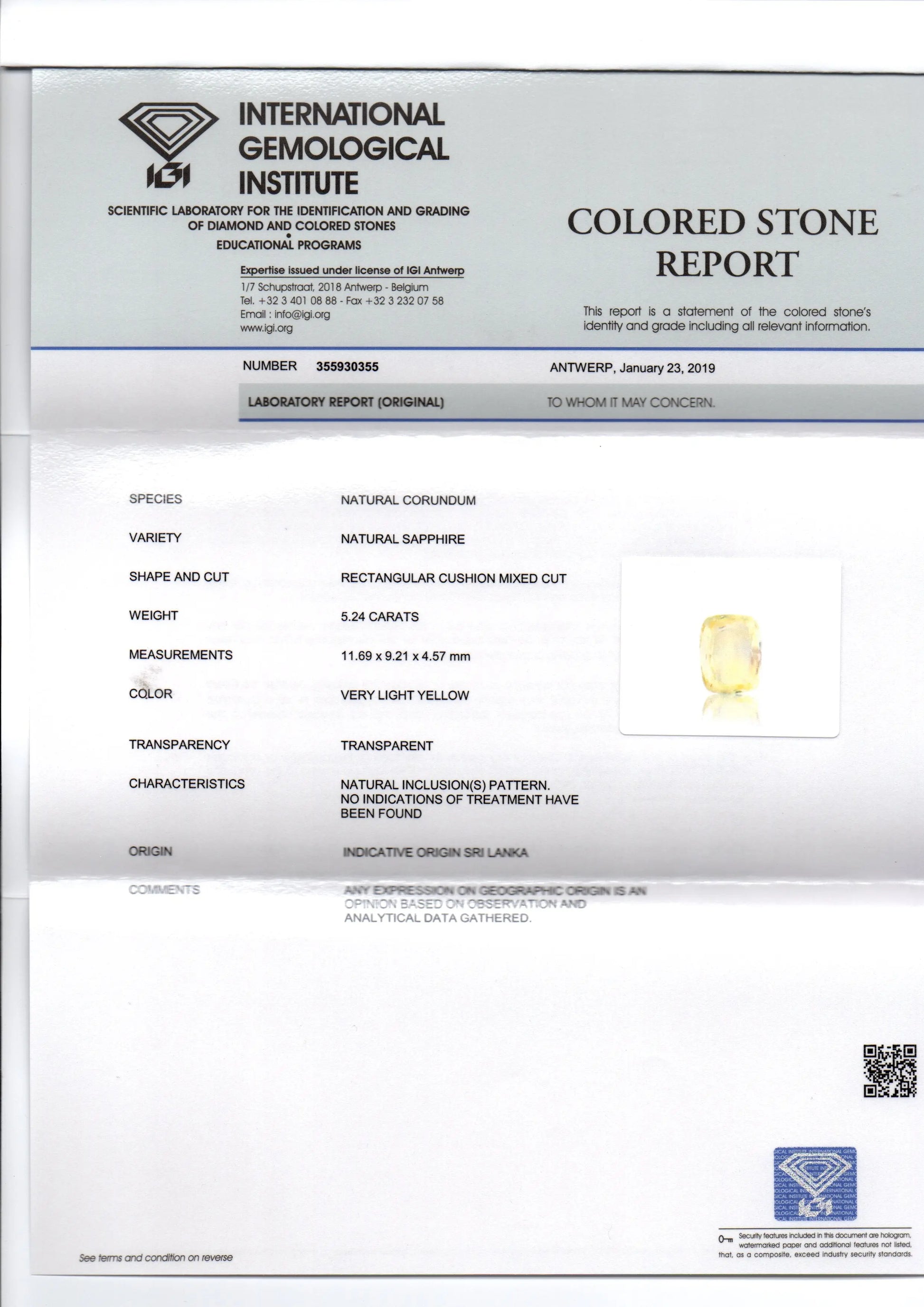 5.24 Ct IGI Certified Unheated Untreated Natural Ceylon Yellow Sapphire