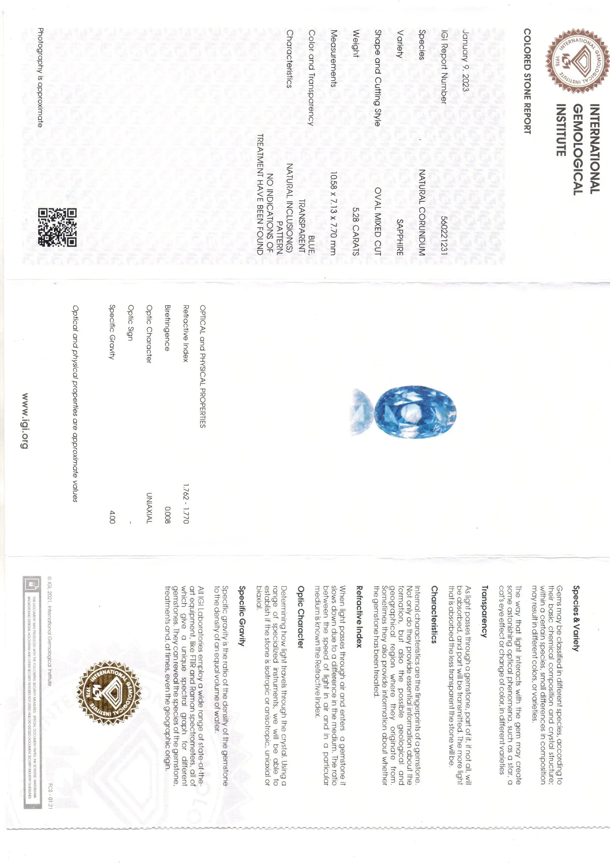 5.28 Ct IGI Certified Unheaated Untreated Natural Ceylon Blue Sapphire AA - Venus Gems