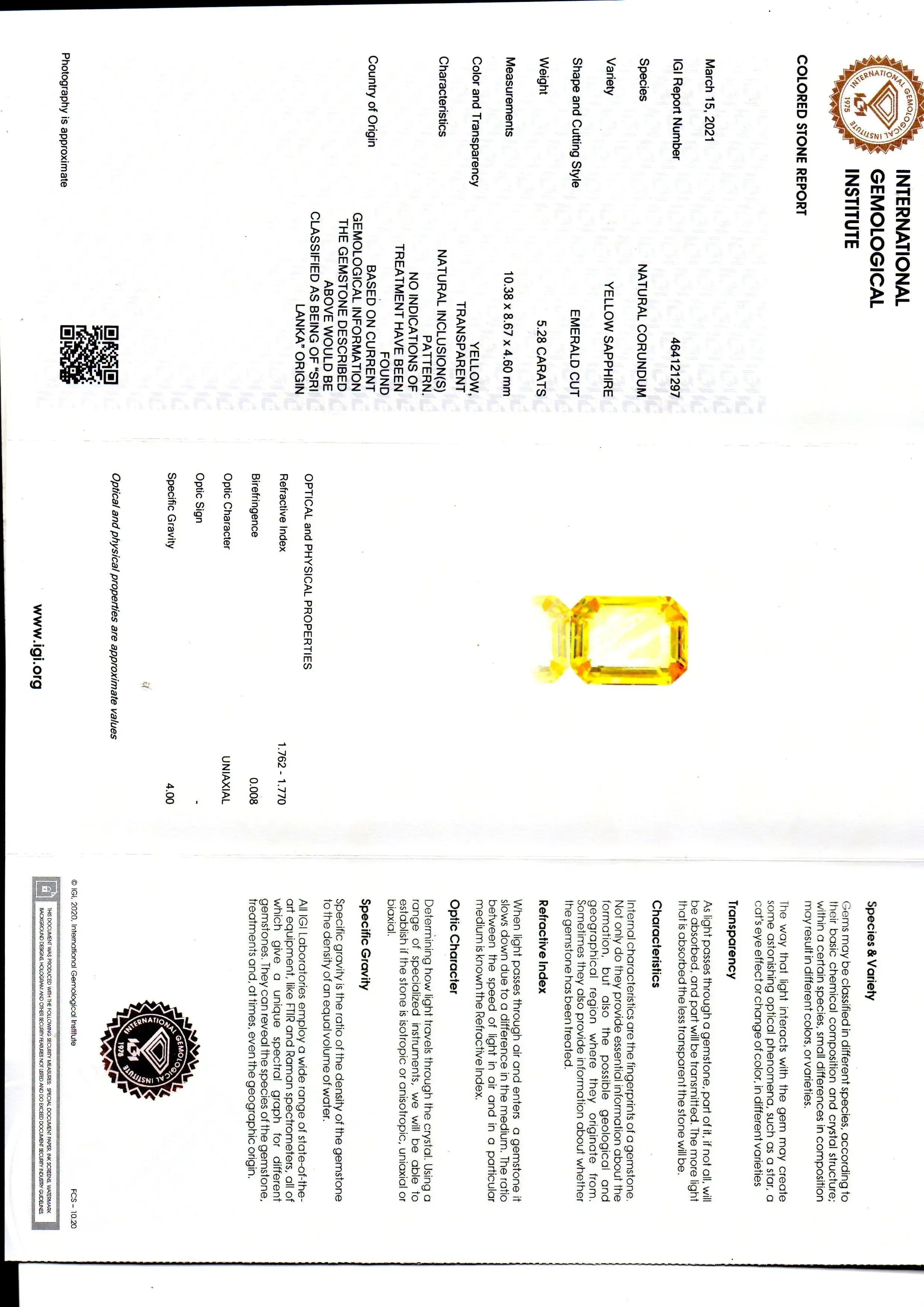 5.28 Ct IGI Certified Unheated Untreated Natural Ceylon Yellow Sapphire AAA - Venus Gems