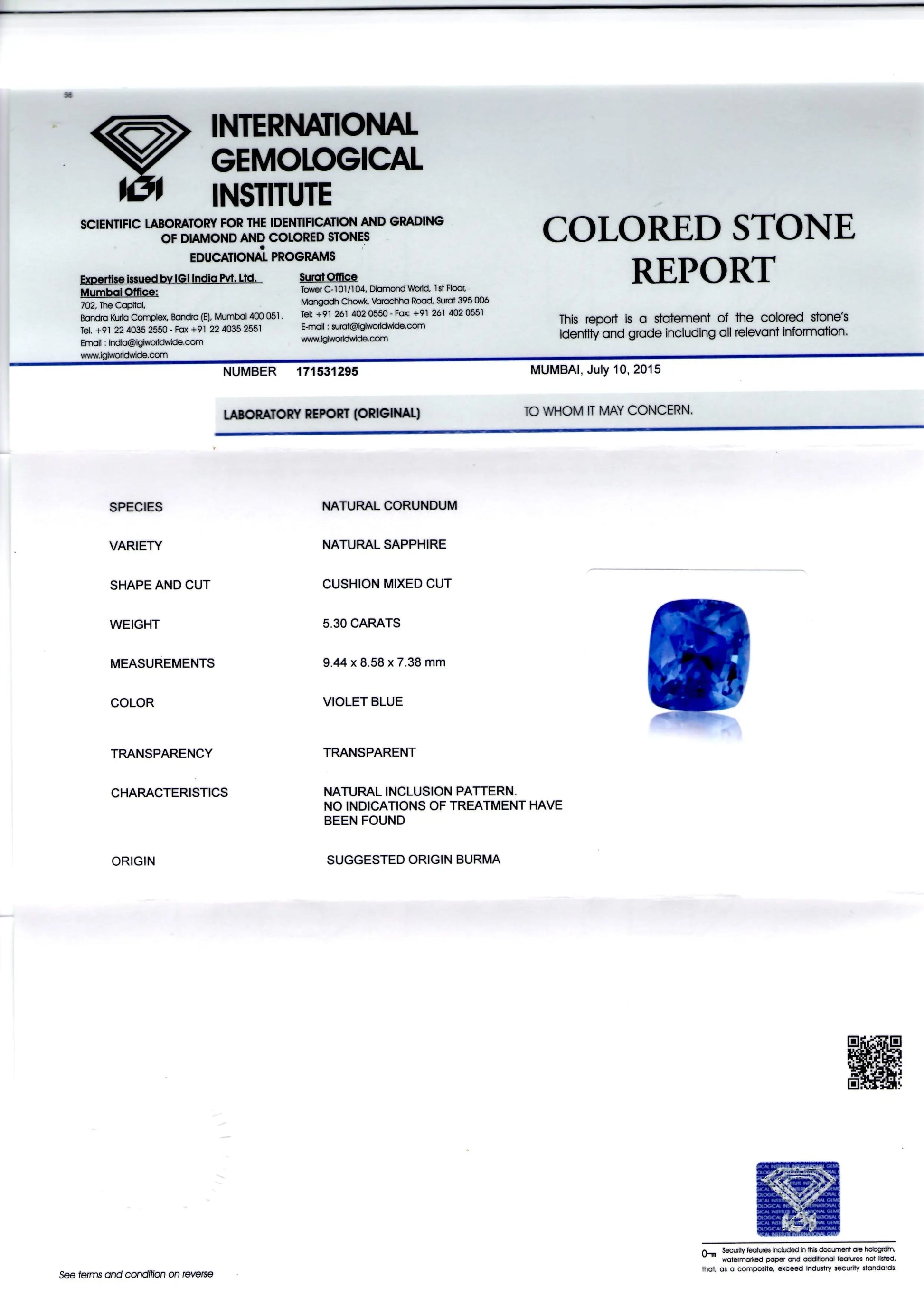 5.30 Ct Deep Blue Unheated Untreated Natural Burma Blue Sapphire