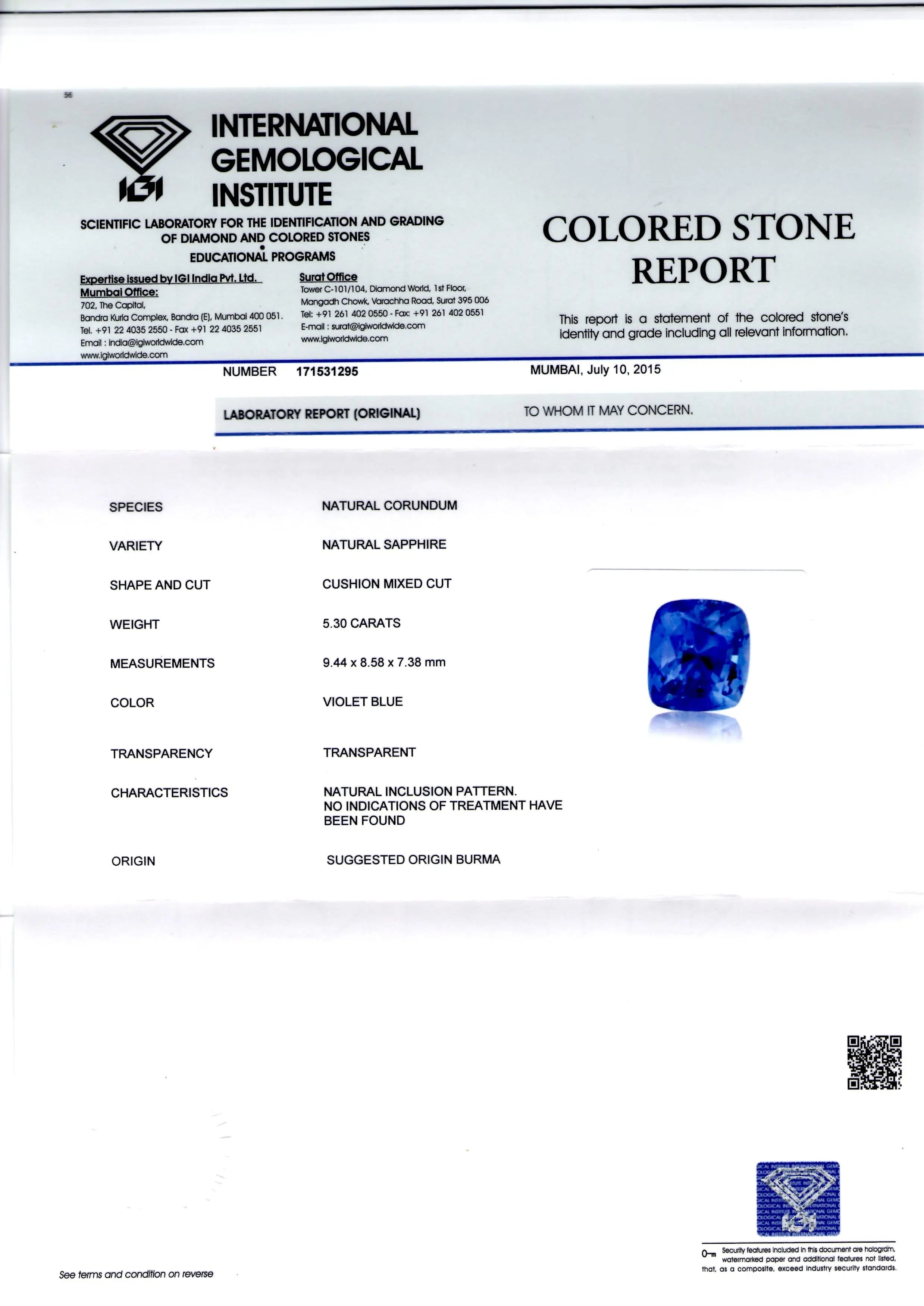 5.30 Ct Deep Blue Unheated Untreated Natural Burma Blue Sapphire