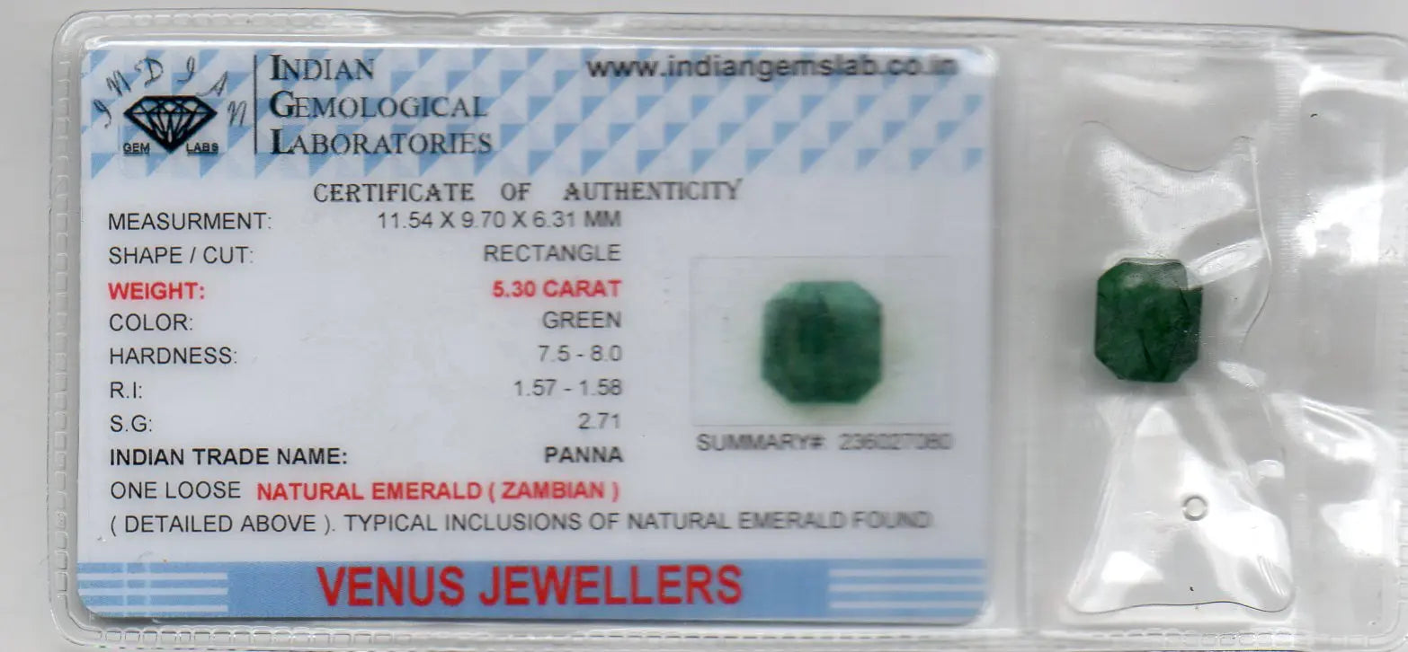 5.30 Ct Certified Untreated Natural Zambian Emerald Panna Gemstone