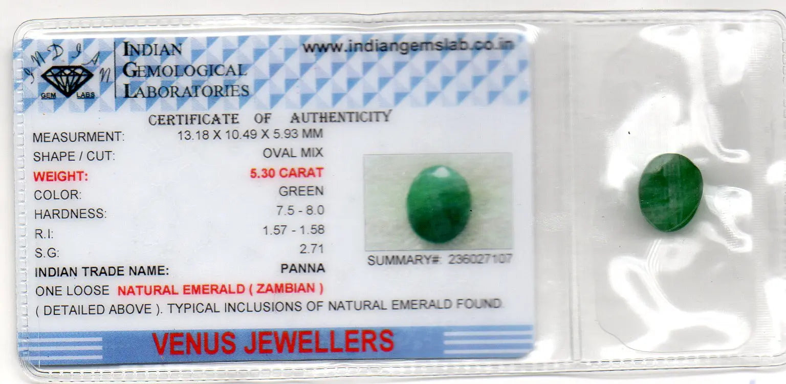 5.30 Ct Certified Untreated Natural Zambian Emerald Panna Gemstone