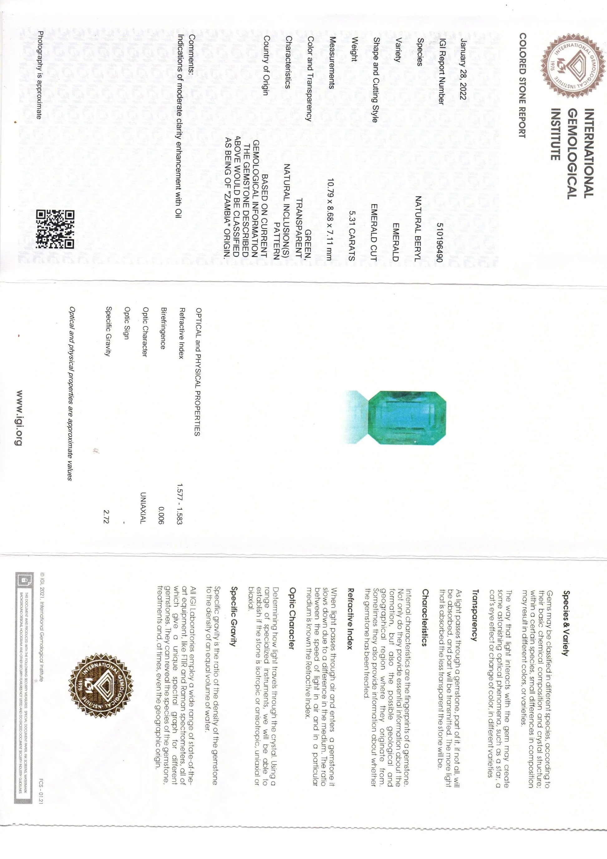 5.31 Ct IGI Certified Untreated Natural Zambian Emerald Gemstone AAAAA