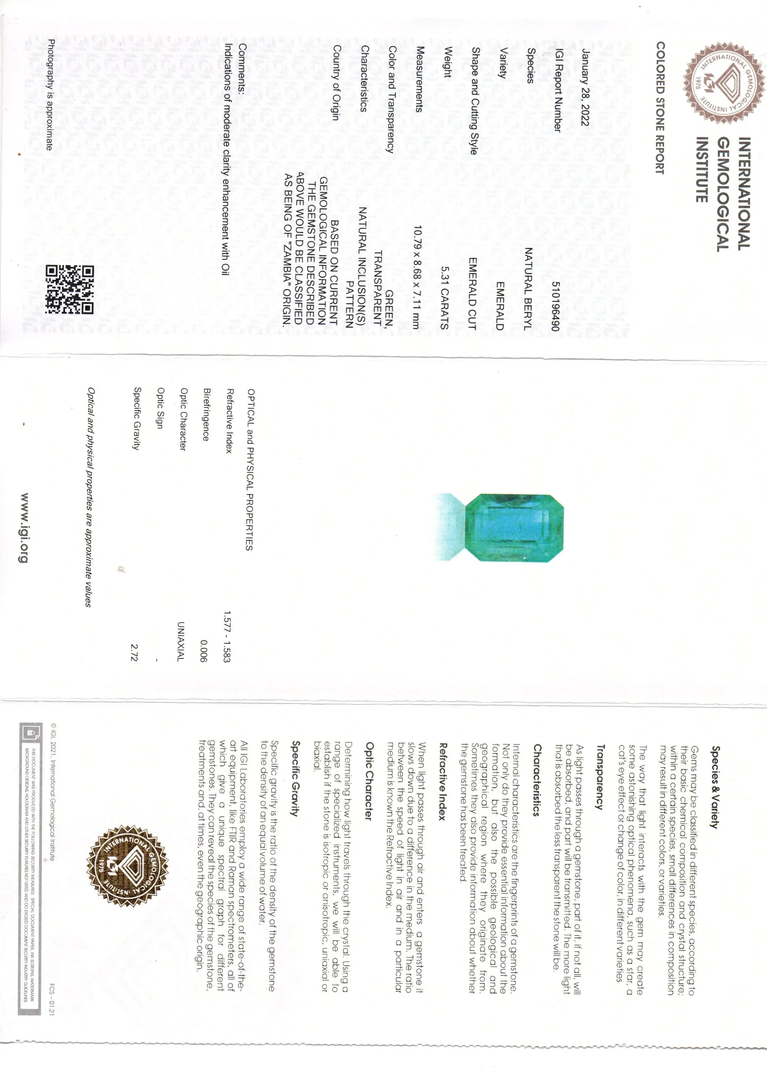 5.31 Ct IGI Certified Untreated Natural Zambian Emerald Gemstone AAAAA
