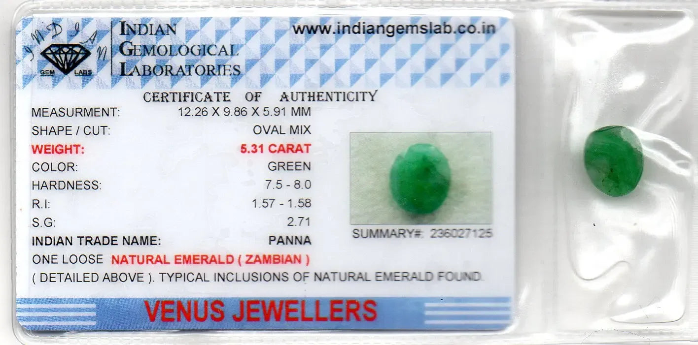 5.31 Ct Certified Untreated Natural Zambian Emerald Panna Gemstone - Venus Gems