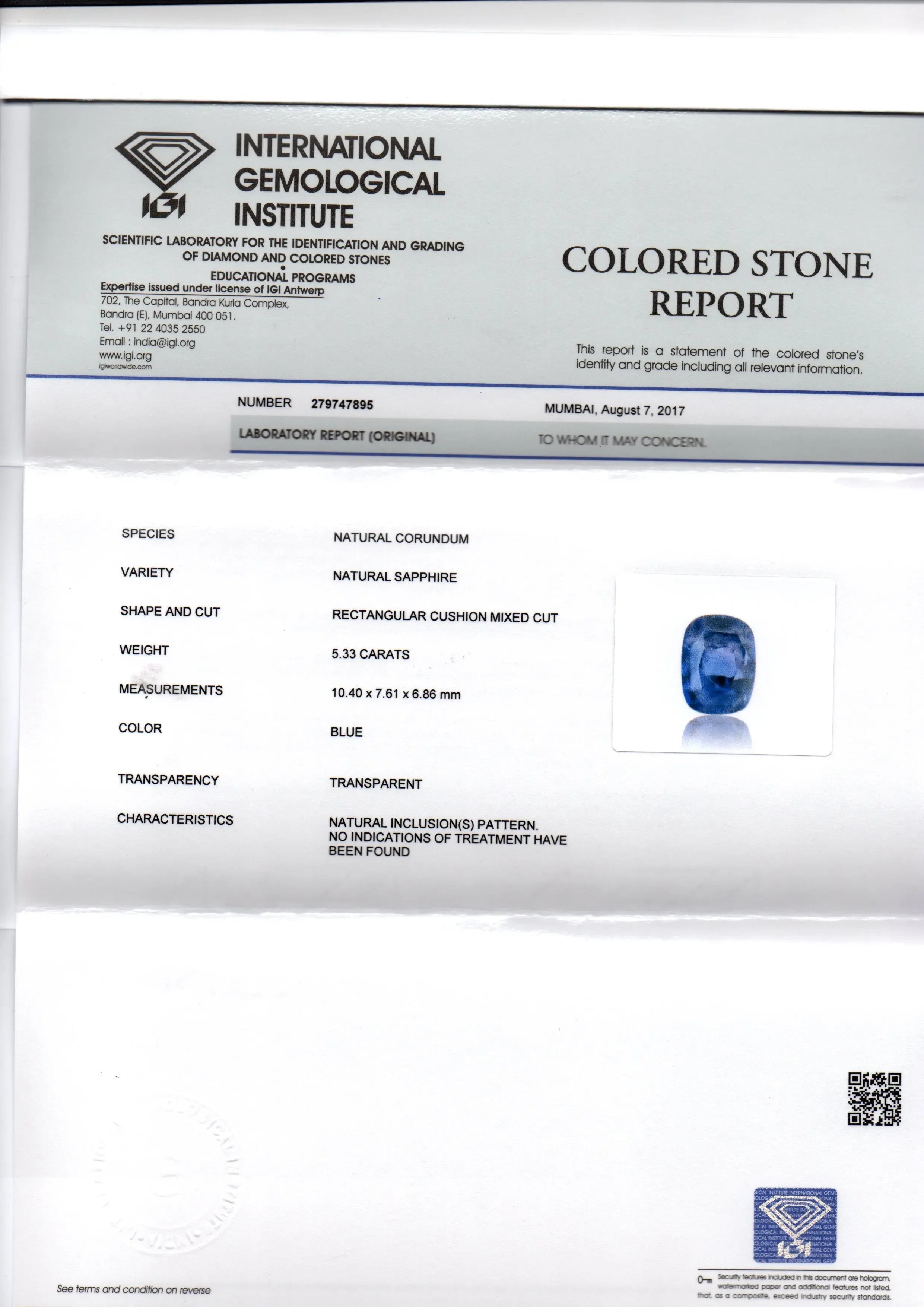 5.33 Ct IGI Certified Unheated Untreated Natural Ceylon Blue Sapphire AA - Venus Gems