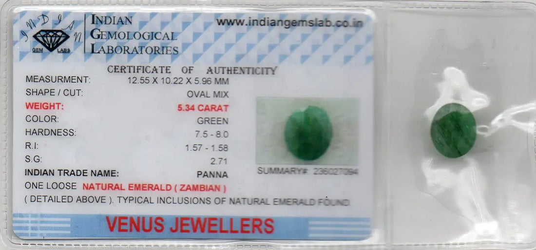 5.34 Ct Certified Untreated Natural Zambian Emerald Panna Gemstone - Venus Gems