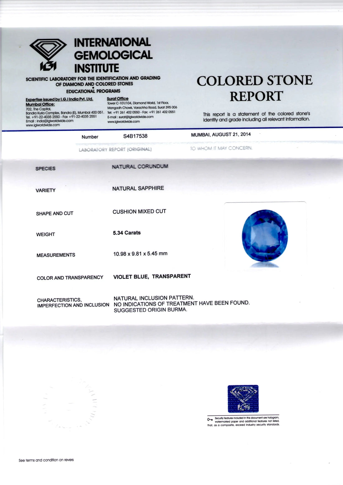 5.34 Ct IGI Certified Unheated Untreated Natural Burma Blue Sapphire