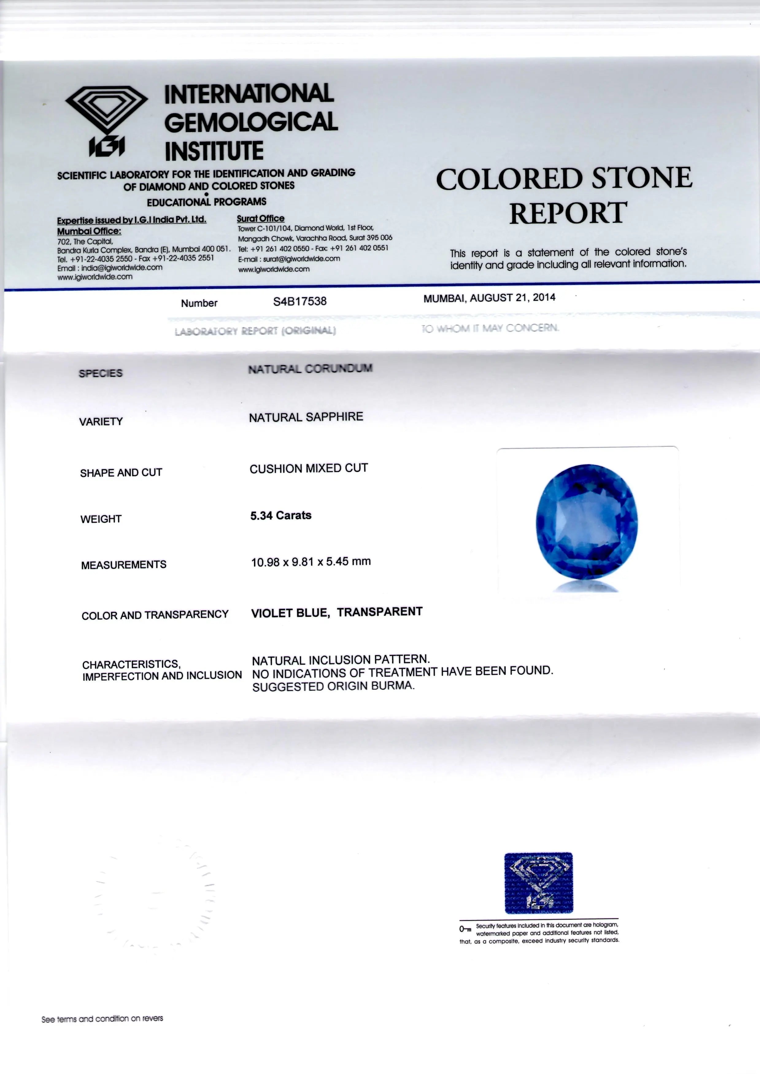 5.34 Ct IGI Certified Unheated Untreated Natural Burma Blue Sapphire