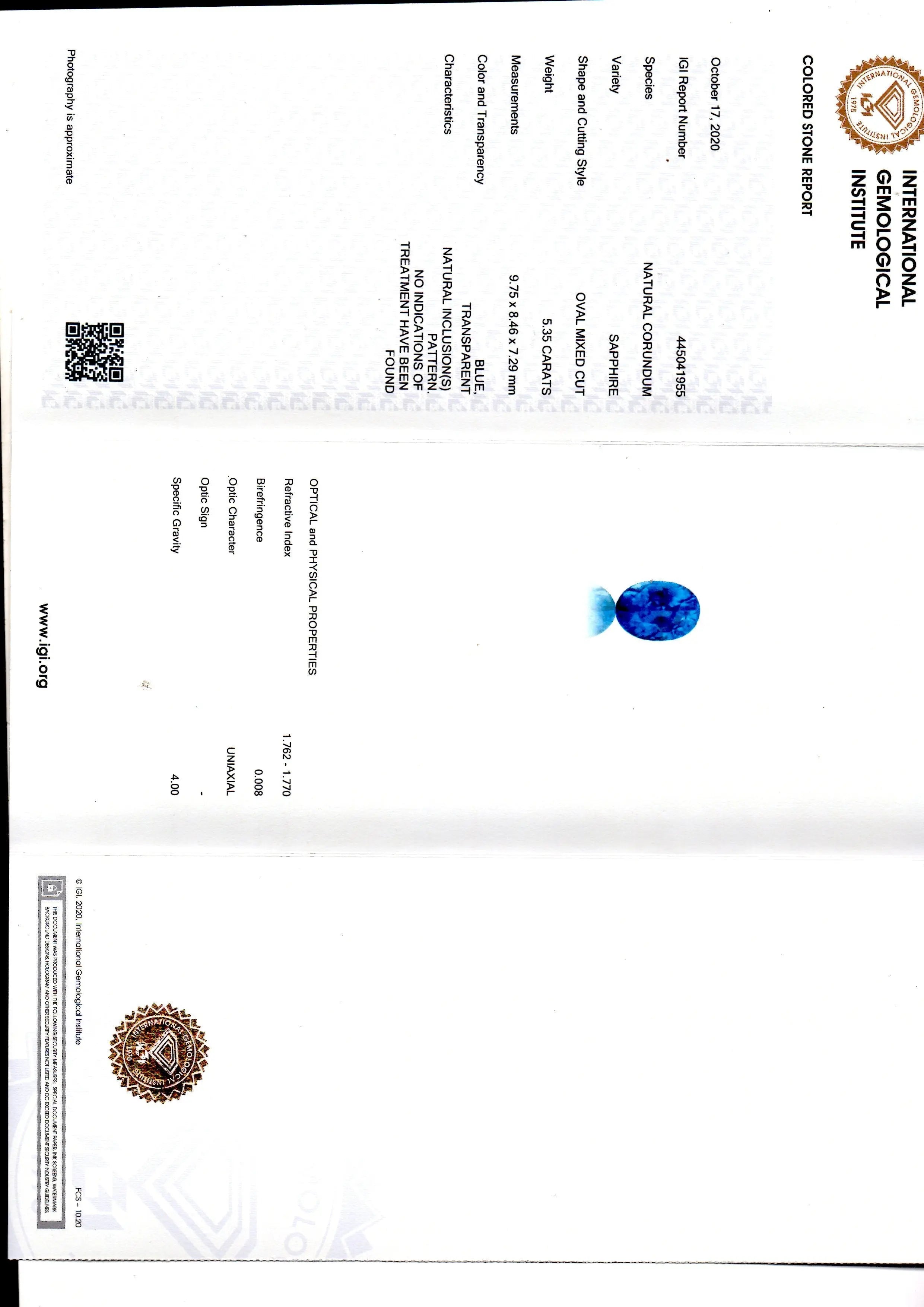 5.35 Ct IGI Certified Unheated Untreated Natural Ceylon Blue Sapphire