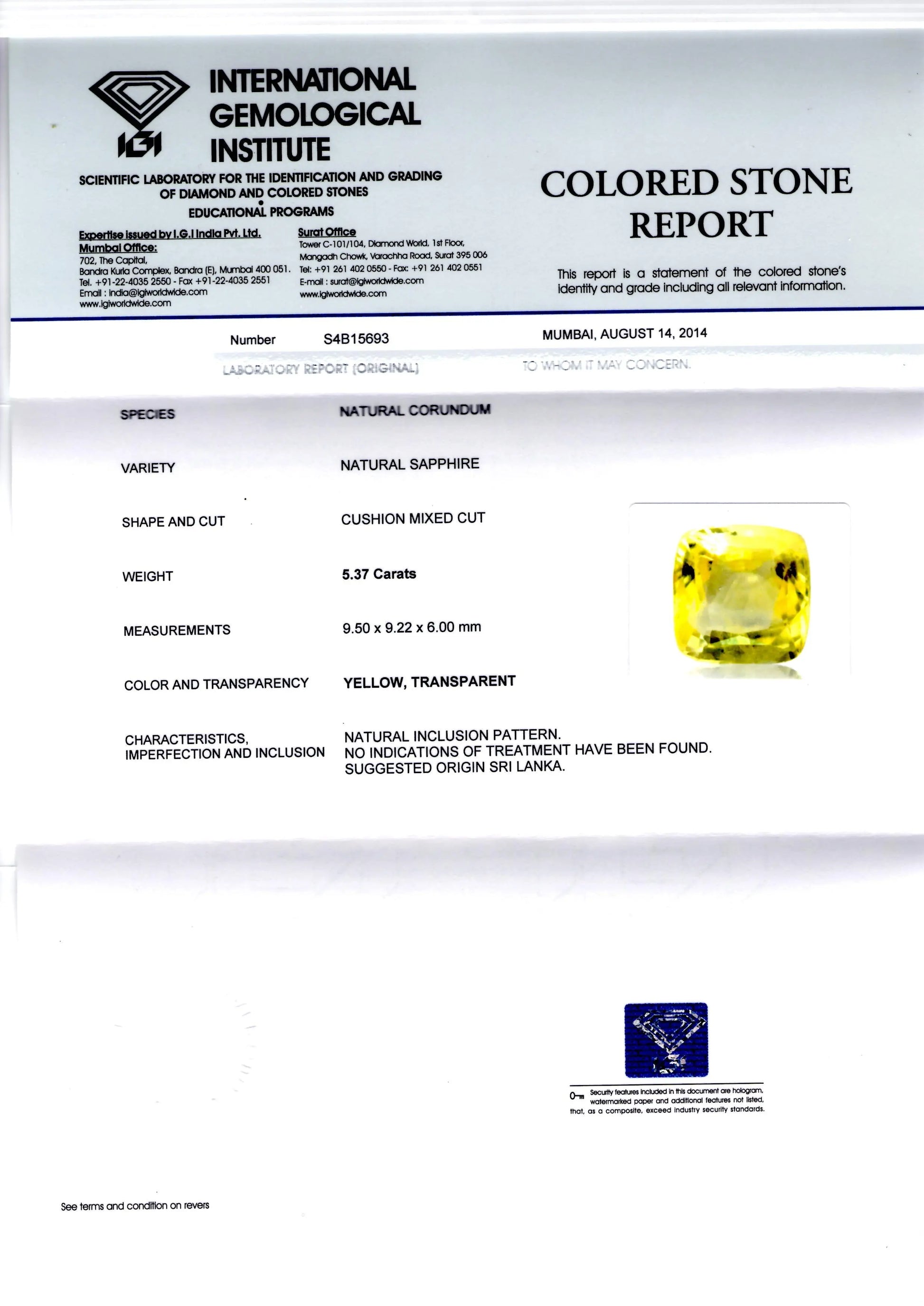 5.37 Ct Unheated Untreated Natural Ceylon Yellow Sapphire AAA
